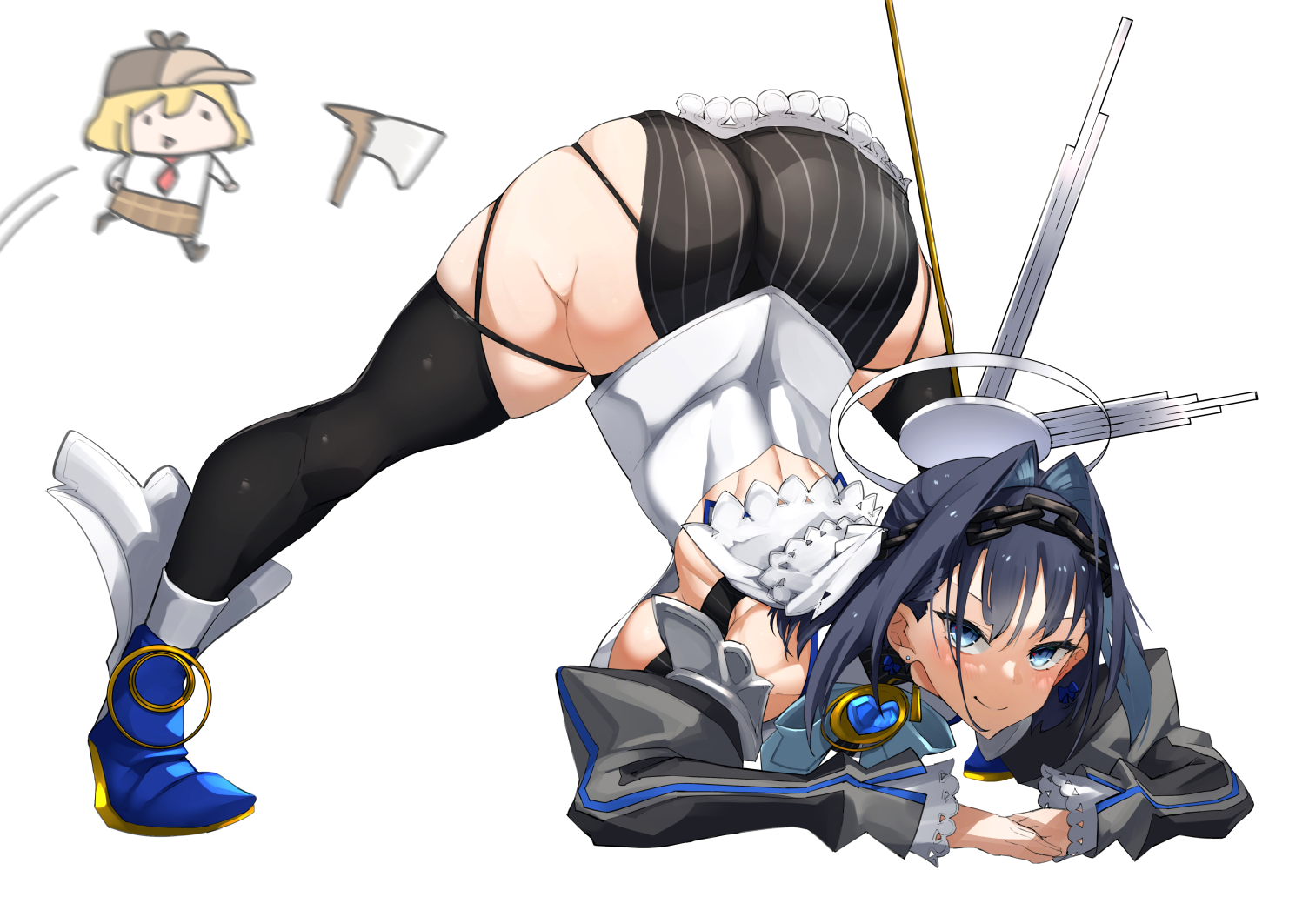 2021, 2girls, ass, ass up, big ass, black hair, blonde hair, blue eyes, blush, breast press, breasts, chibi, clothed, clothed female, female, female focus, female only, flexible, hololive, hololive english, hololive english -council-, hololive english -promise-, hololive myth, huge ass, huge breasts, humor, jack-o pose, looking at viewer, medium hair, multiple females, multiple girls, nuezou, ornate clothing, ouro kronii, short hair, simple background, skindentation, smile, smol ame, splits, thick thighs, thighhighs, thighs, virtual youtuber, watson amelia, white background, youtube, youtuber