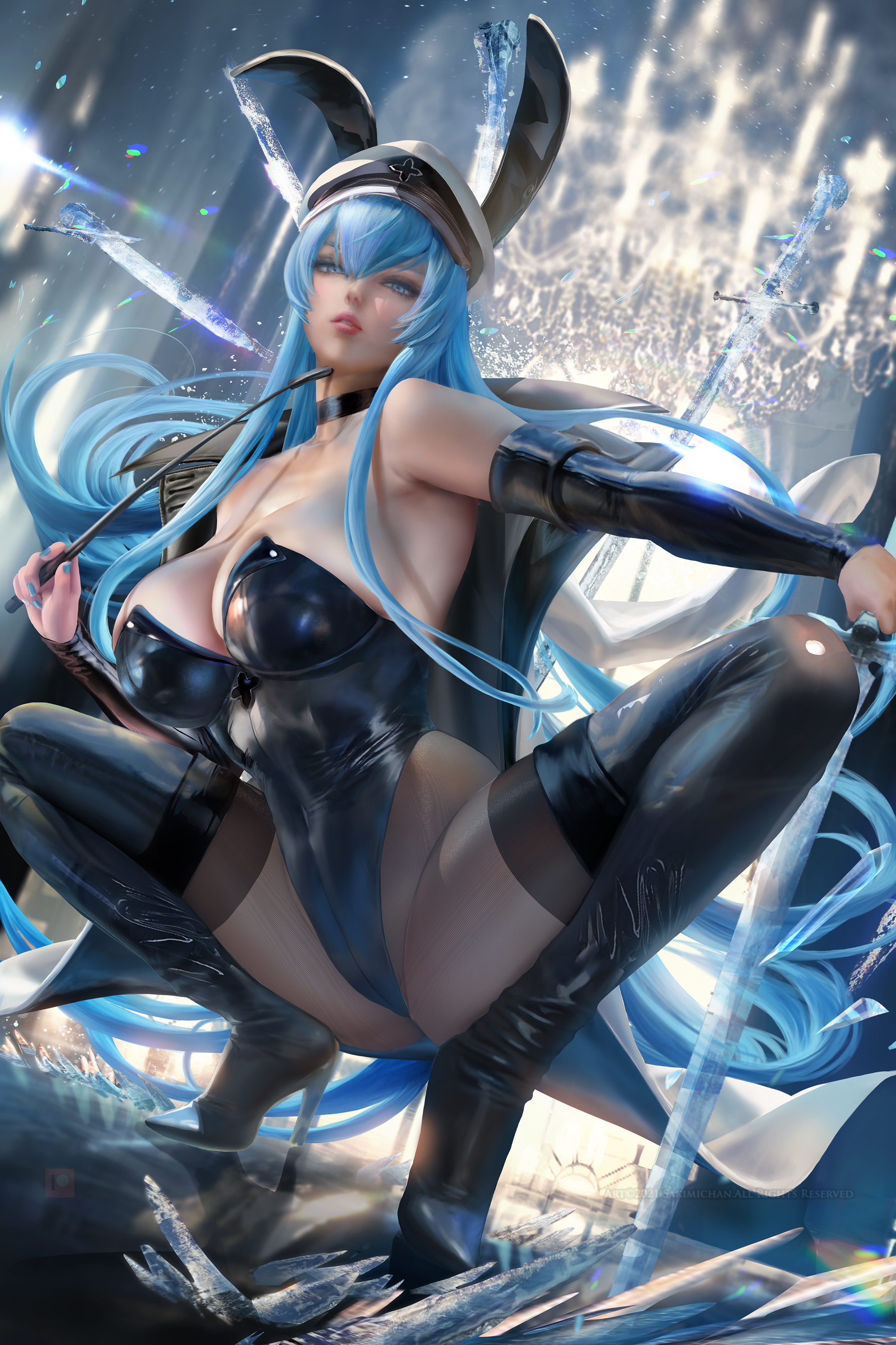 1girls, akame ga kill!, blue eyes, blue hair, blush, breasts, bunny ears, curvaceous, curves, curvy, esdeath (akame ga kill!), fake animal ears, female, hi res, highres, huge breasts, human, large breasts, long hair, matching hair/eyes, realistic, sakimichan, squatting, thick thighs, thigh boots, thighhighs