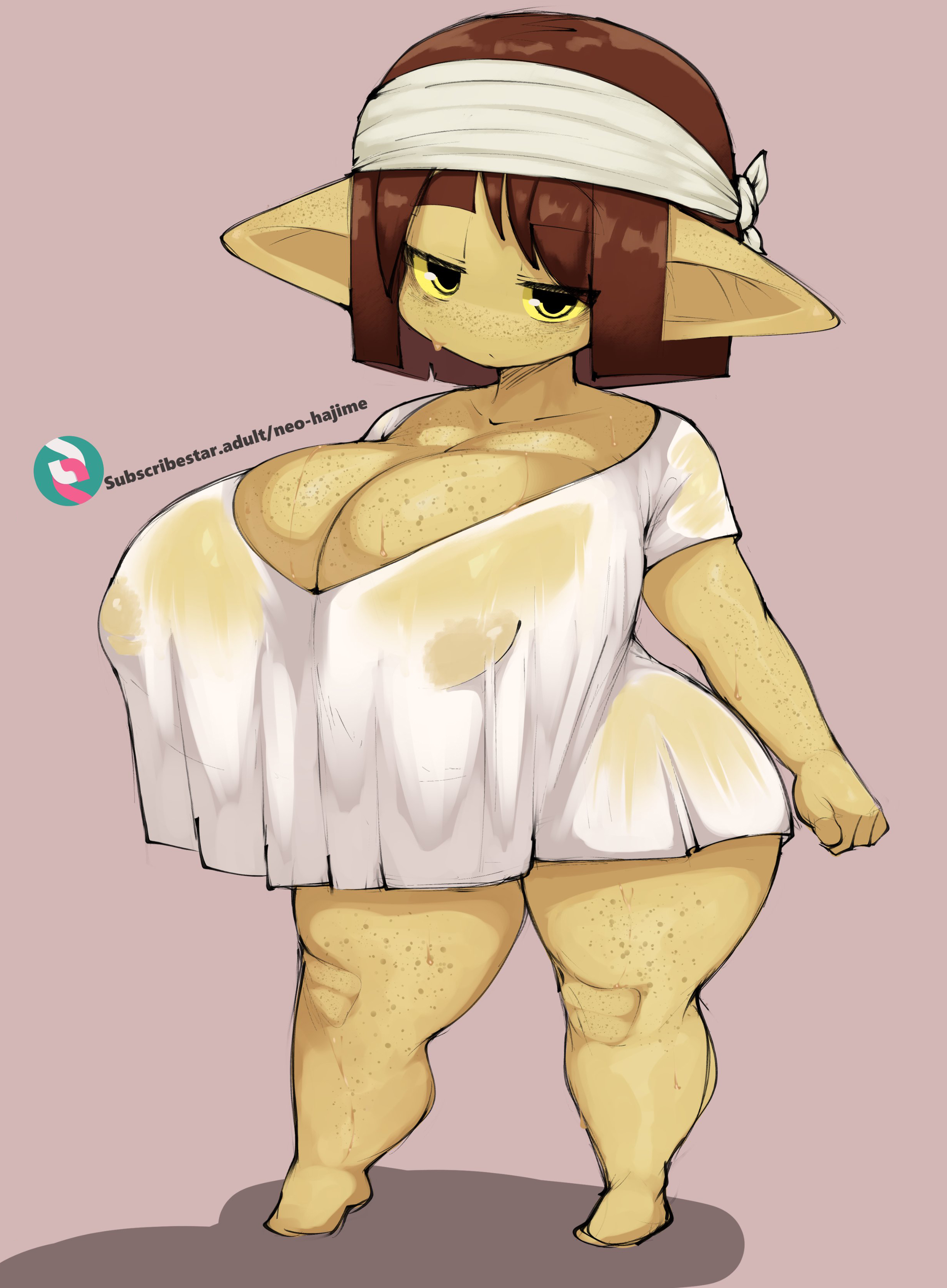 1girls, big breasts, breasts, edit, female, freckles, goblin, goblin female, huge breasts, neo hajime, nipple bulge, original, plump, pointy ears, shortstack, smaller female, thick thighs, thighs, voluptuous, wet clothes, wide hips, yellow eyes, yellow sclera