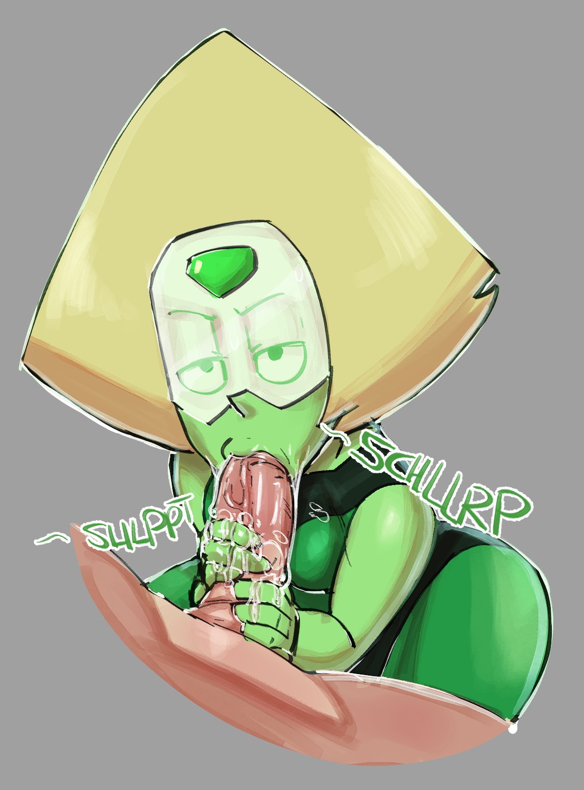 :>=, 1boy, 1girls, big penis, blonde hair, blowjob, breasts, cartoon network, clothed female nude male, fellatio, female, gem (species), green fur, guillion (toshkarts), half-closed eyes, large penis, male, oral, penis, peridot (steven universe), saliva, size difference, smaller female, steven universe, veiny penis, visor