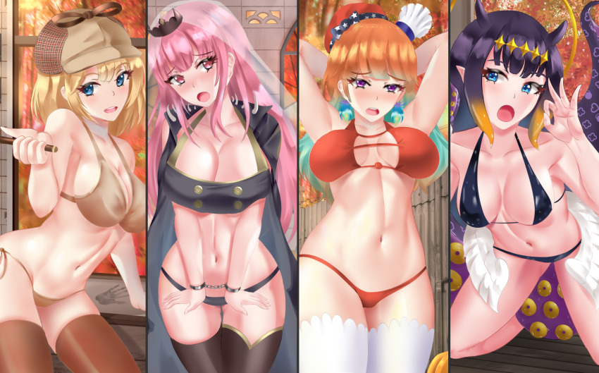 4girls, alternate breast size, angel wings, arms behind head, belly button, beret, big breasts, black bikini, black coat, black hair, black panties, black underwear, blonde hair, blue eyes, blush, blushing, bondage, bound, bound wrists, breasts, brown bikini, brown panties, brown underwear, chef hat, cleavage, coat, crown, cuffs, diadem, embarrassed, fellatio gesture, female, female focus, female only, fuzzlogik, green hair, halo, handcuffs, handprint, hat, highres, holding, holding object, hololive, hololive english, hololive myth, large breasts, legs, legs spread, legs together, light skin, light-skinned female, long hair, long nails, looking at viewer, looking away, medium breasts, medium hair, mori calliope, multicolored hair, multiple females, multiple girls, multiple hats, ninomae ina'nis, orange hair, orange hat, orange panties, orange underwear, pale skin, pale-skinned female, panties, pink eyes, pink hair, pointy ears, purple eyes, purple hair, questionable consent, red beret, red hat, short hair, skinny, smile, stockings, swimsuit, takanashi kiara, takanashi kiara (1st costume), tentacle, tentacles, thick thighs, thighhighs, thighs, tiara, underwear, very long hair, virtual youtuber, watson amelia, wings
