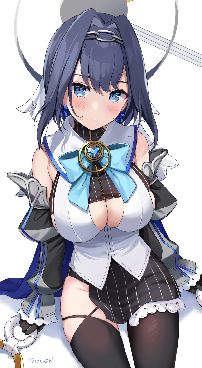 armor, bare shoulders, big breasts, black gloves, black hair, black legwear, blue eyes, blue ribbon, blush, bob cut, breasts, cleavage cutout, clock, clothing, clothing cutout, collar, detached sleeves, dutch angle, earrings, female, gloves, headwear, high resolution, hololive, hololive english, hololive english -council-, hololive english -promise-, jewelry, kaetzchen, key, legwear, looking at viewer, looking up, ouro kronii, puppy eyes, ribbon, short hair, shoulder armor, simple background, sitting, skin tight, skirt, slight blush, stockings, tagme, virtual youtuber, white background