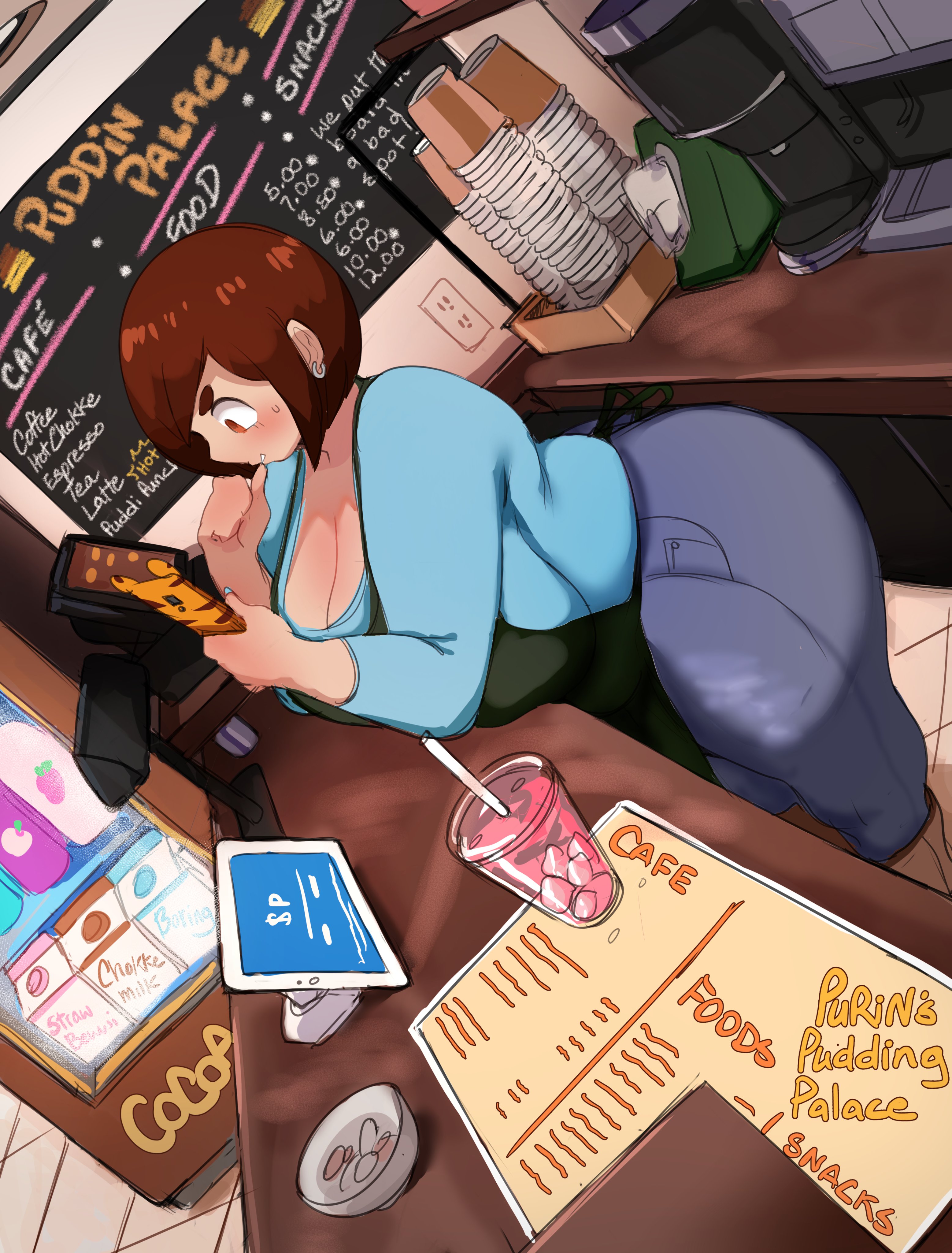 1girls, ass, bbw, big breasts, breasts, cafe, cleavage, earrings, female, female only, huge ass, huge breasts, jeans, large breasts, lightsource, on phone, original, overweight, overweight female, purin (lightsource), solo, solo female, thick thighs, wide hips
