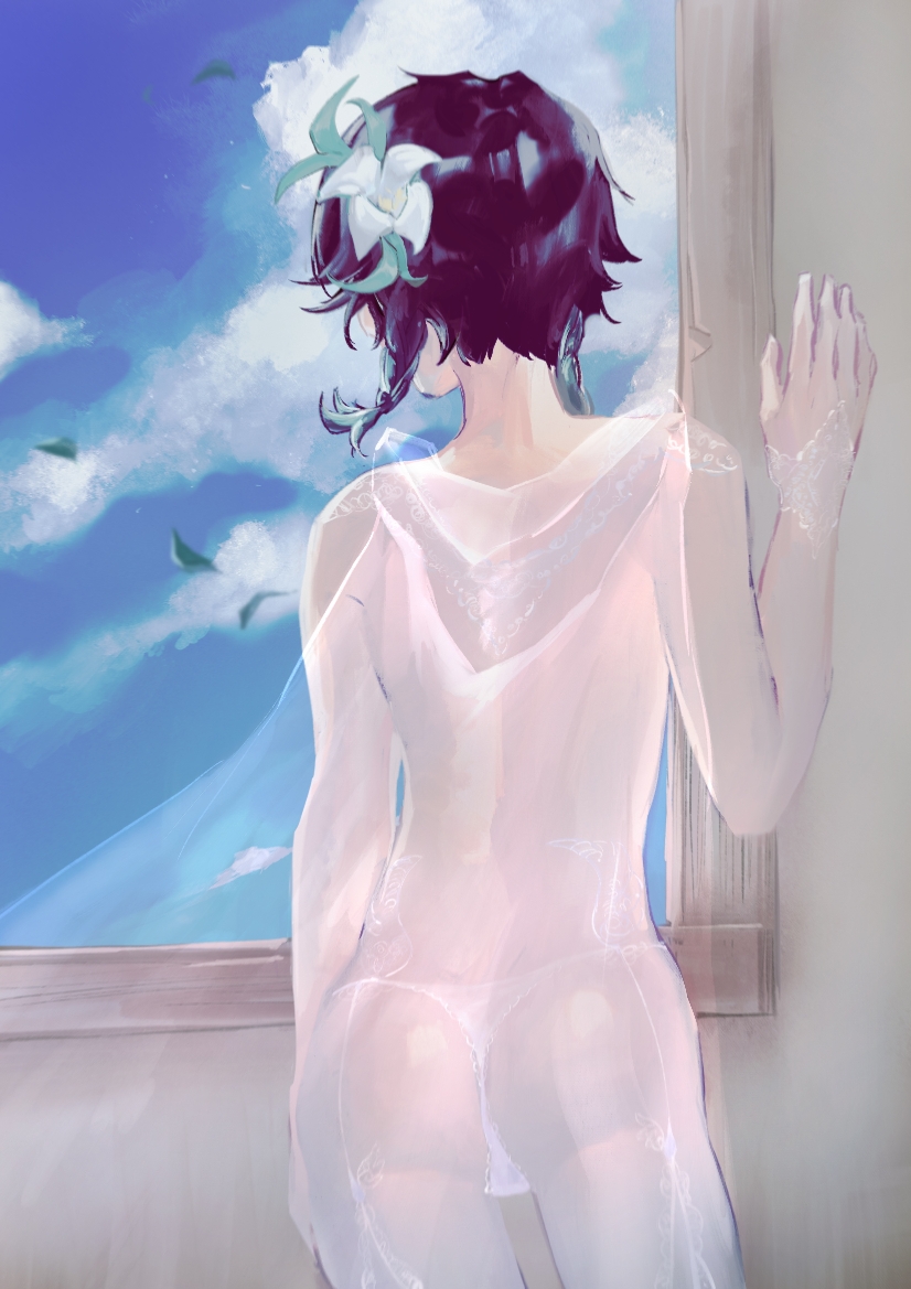 1boy, 21107637 on pixiv, black hair, blue eyes, clothing, femboy, genshin impact, green eyes, male, male only, naked, revealing clothes, see-through, see-through clothing, solo, solo male, teal hair, trap, underwear, venti (genshin impact)