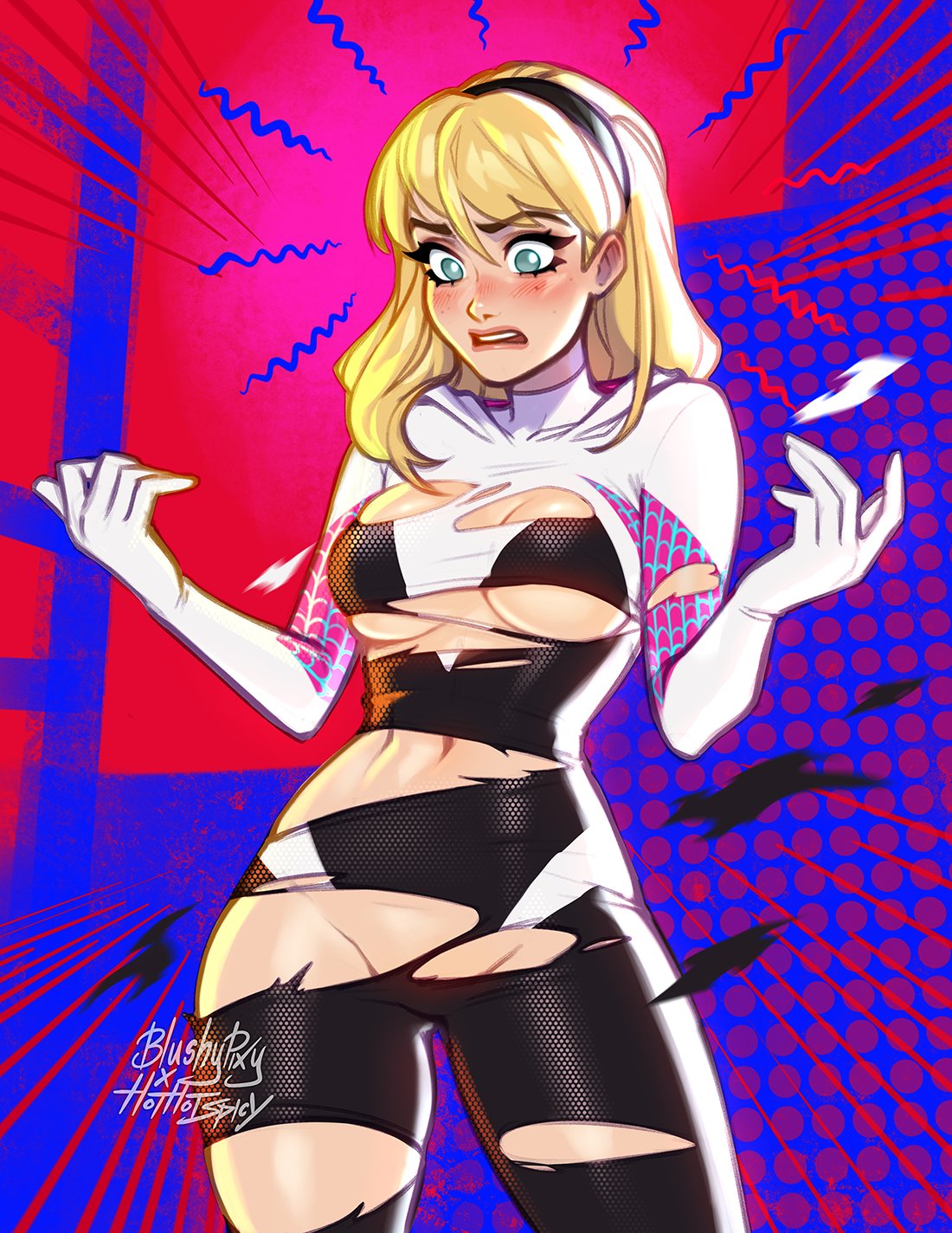 1girls, blonde hair, blue eyes, blush, blushypixy, blushyspicy, breasts, clothed, clothing, embarrassed, female, female only, gwen stacy, hairband, human, light skin, light-skinned female, marvel, marvel comics, mostly clothed, pale skin, solo, spider-gwen, spider-man (series), standing, superheroine, tagme, torn bodysuit, torn clothes, wardrobe malfunction