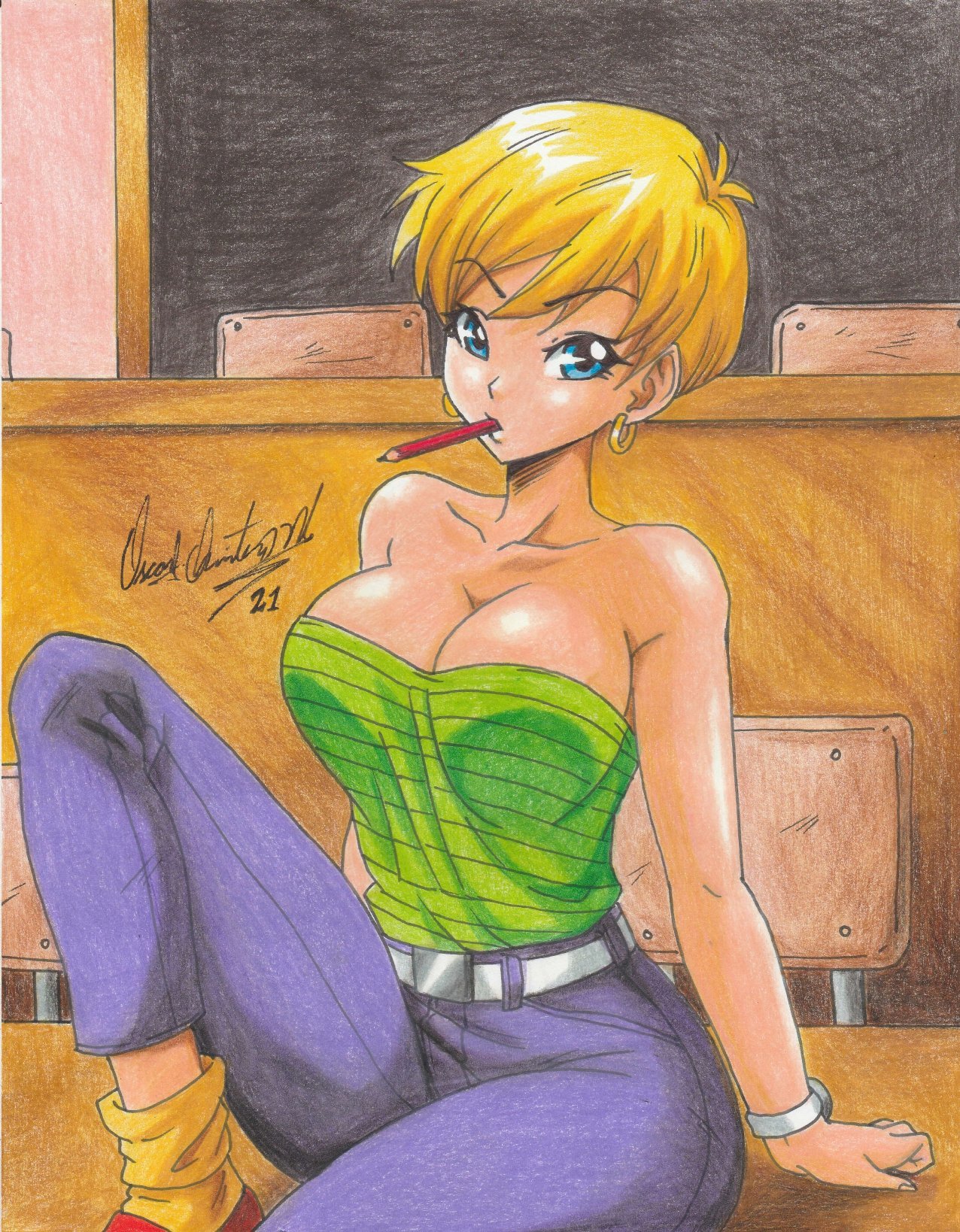 1girls, 2021, bare shoulders, big breasts, blonde hair, blue eyes, breasts, classroom, cleavage, dragon ball, dragon ball z, erasa, female, huge breasts, looking at viewer, no bra, pencil (artwork), ravern clouk, school, seductive eyes, seductive look, short blonde hair, short hair, solo, solo female, tagme
