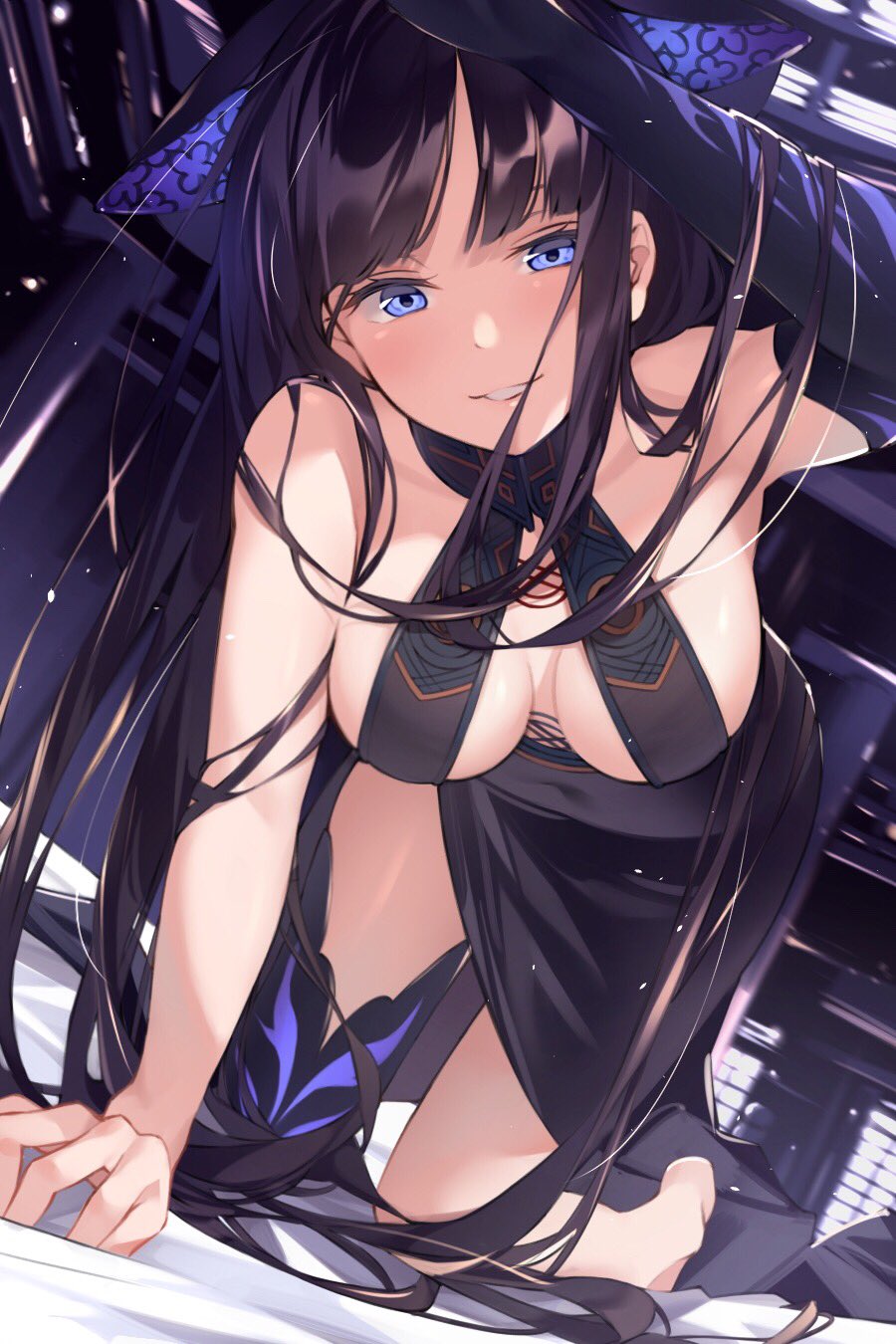 1girls all_fours asymmetrical_legwear barefoot black_hair blue_eyes breasts clothing dress dutch_angle elbow_gloves fate/grand_order fate_(series) feet female female_only gloves headdress headwear high_resolution kneeling long_hair looking_at_viewer one_arm_up single_thighhigh smile solo thighhighs to_gemichi tougemichi very_long_hair yang_guifei_(fate) yang_guifei_(fate/grand_order)