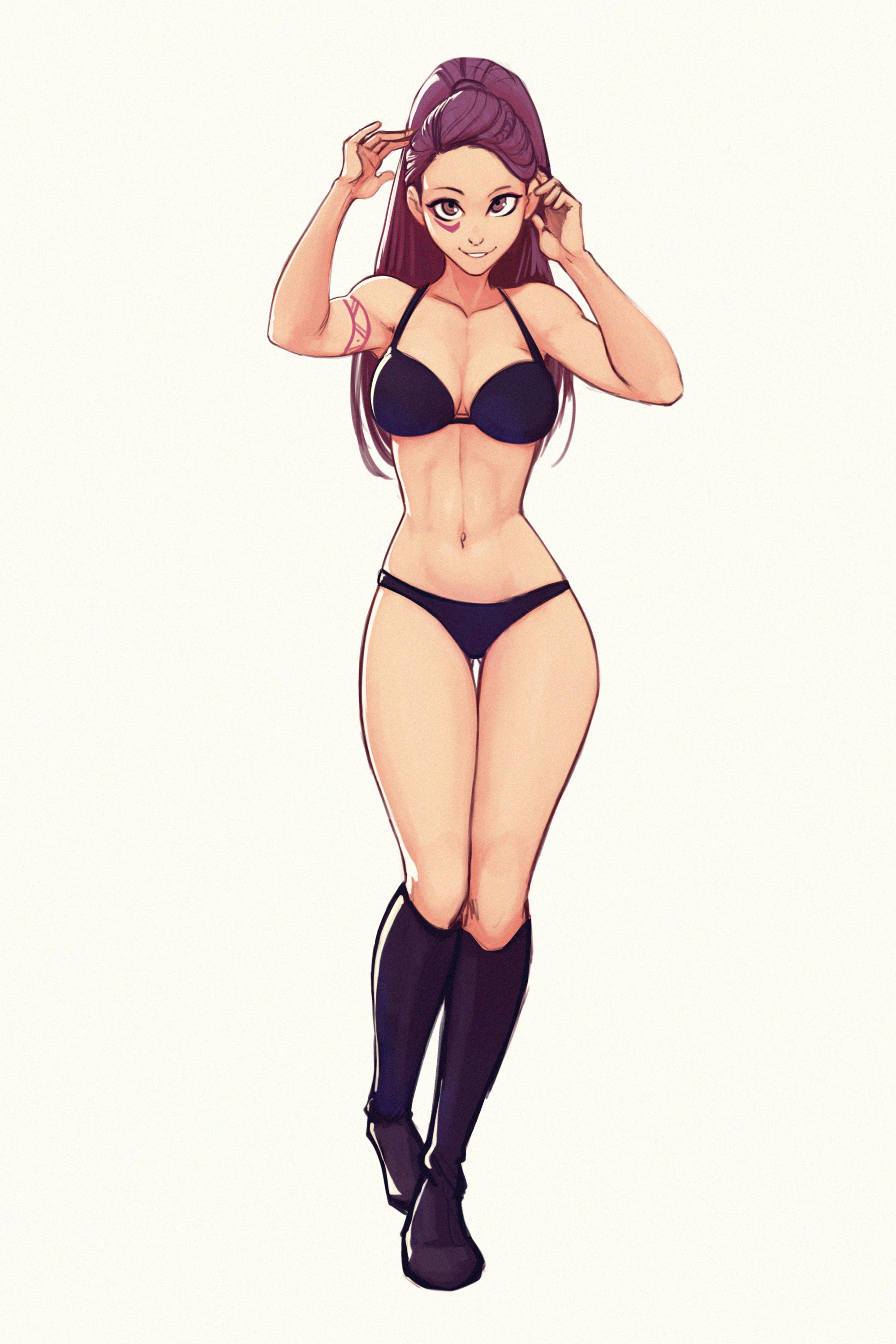 1girls, abs, black bra, black panties, blue panties, boots, bra, breasts, cleavage, facing viewer, female, fire emblem, fire emblem: three houses, nintendo, panties, petra macneary, ponytail, post-timeskip, purple hair, raichiyo33, smile, smiling at viewer, stomach, toned, underboob, underwear, white background