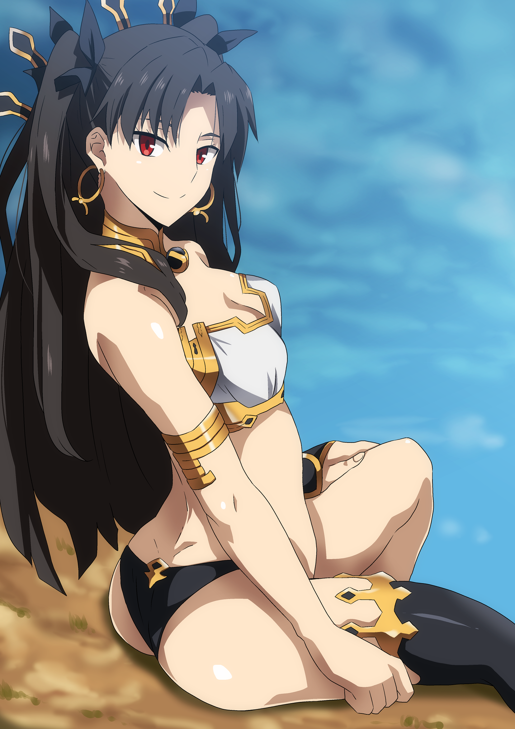 armlet, armor, ass, asymmetrical legwear, asymmetrical sleeves, bangs, bare shoulders, bikini, bikini armor, bikini bottom, bikini top, black bikini, black bikini bottom, black hair, black ribbon, black swimsuit, blush, breasts, bridal gauntlets, cleavage, crown, detached collar, detached sleeves, earrings, fate (series), fate/grand order, female, goddess, hair ornament, hair ribbon, hara (harayutaka), headwear, hera (hara0742), hera (pixiv8252709), high resolution, hoop earrings, ishtar (fate), jewelry, long hair, looking at viewer, medium breasts, neck ring, parted bangs, red eyes, ribbon, single detached sleeve, sitting, small breasts, smile, solo, swimsuit, tagme, thighhighs, thighs, thong, tiara, two side up, white bikini, white bikini top, white swimsuit