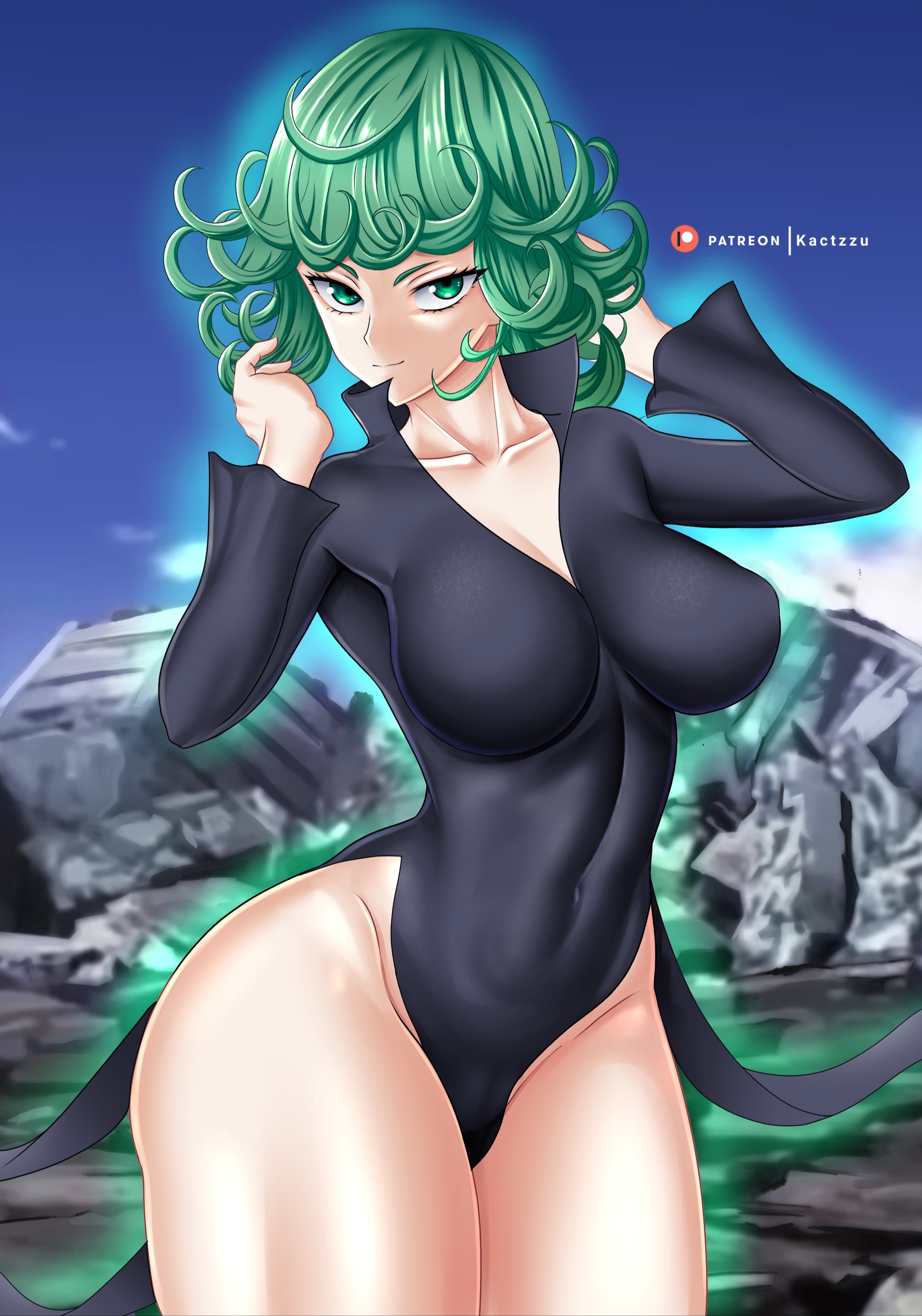 1girls, ass, big ass, big breasts, breasts, curvy figure, eye contact, female, green eyes, green hair, imminent anal, kactzzu, long hair, looking at viewer, one-punch man, short hair, smile, solo, standing, tatsumaki, thick thighs, thighs, wide hips