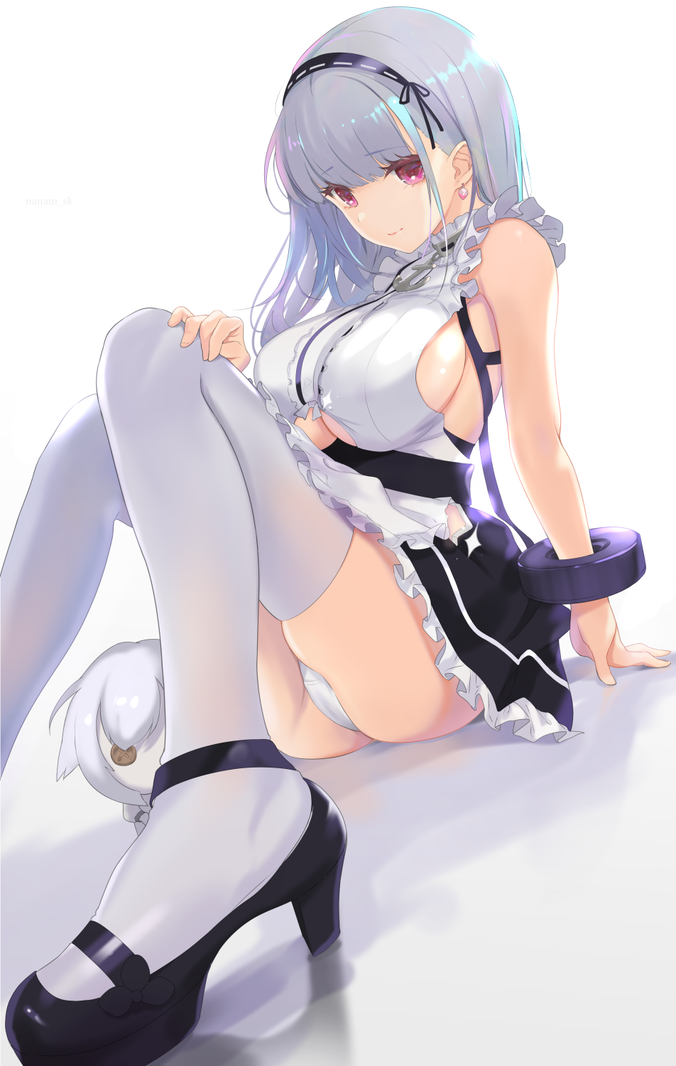 1girls anchor_choker anthropomorphization apron ass azur_lane bangs bare_shoulders black_footwear breasts character_doll closed_mouth clothing clothing_cutout cute dido_(azur_lane) doll earrings eyebrows_visible_through_hair eyelashes female hairband hand_on_own_knee happy_female high_heels high_resolution jewelry knees_up large_breasts light-skinned_female light_skin lingerie long_hair looking_at_viewer maid nanam_(nanam_sk) objectification pantsu pink_eyes royal_navy_(azur_lane) shoes sideboob silver_hair sirius_(azur_lane) sitting sleeveless solo stuffed_character stuffed_toy tagme thighhighs thighs toy twitter_username underboob underboob_cutout underwear waist_apron white_apron white_hair white_legwear white_panties white_underwear