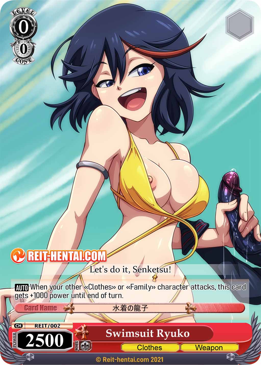 1girls big_breasts blue_eyes blue_hair card english english_text kill_la_kill looking_pleasured masturbation matoi_ryuuko nipple open_mouth reit short_hair swimsuit swimsuit_removed tagme tcg trading_card trading_card_game watermark