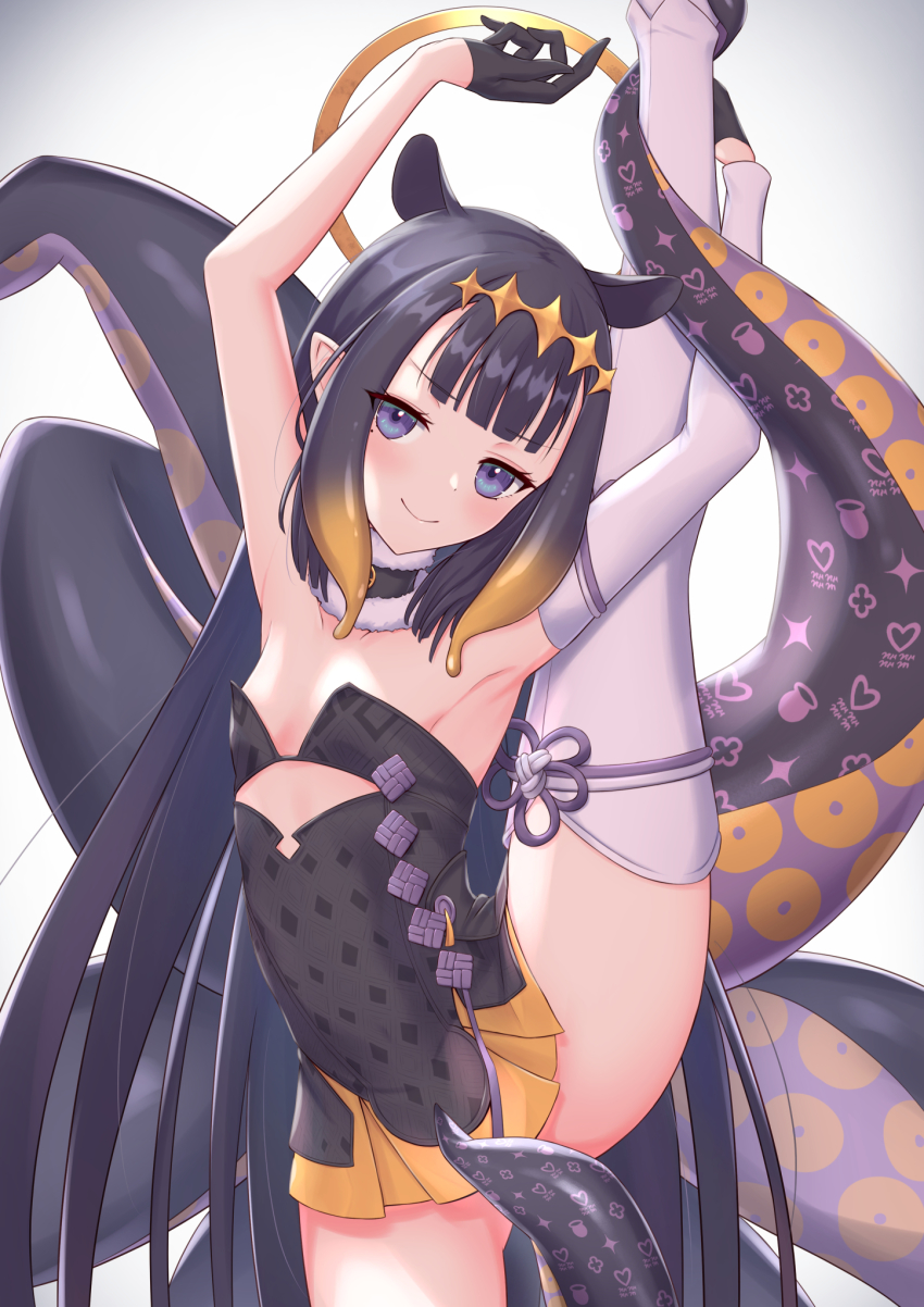 armpits, armwear, artist request, bangs, bare shoulders, black dress, black gloves, blue eyes, blunt bangs, blush, breasts, choker, cocoablue23, detached sleeves, diadem, dress, eyebrows visible through hair, female, flat chest, flat chested, flexible, gloves, halo, highres, hololive, hololive english, hololive myth, leg lift, leg up, long hair, looking at viewer, mole, mole under eye, multicolored hair, ninomae ina'nis, orange hair, pointy ears, purple hair, small breasts, smile, smiling, smiling at viewer, solo, split, standing, standing on one leg, standing split, stockings, tentacle, tentacle hair, thick thighs, thighhighs, thighs, tiara, virtual youtuber