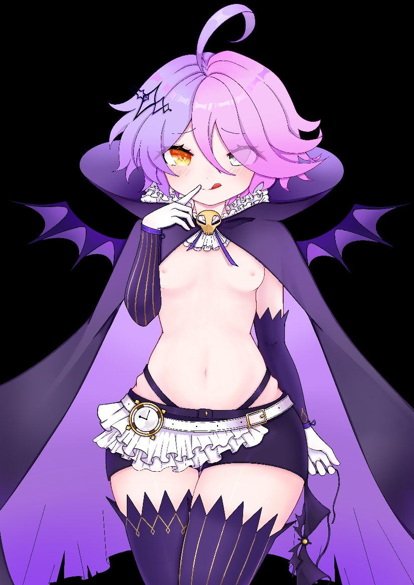 1girls adult androgynous apricot blue_eyes breasts demon demon_girl demon_wings gothic guns_girlz_(series) heterochromia honkai_(series) lingerie nipples pink_hair purple_hair revealing_clothes sin_mal_(honkai) small_breasts thick_thighs thighhighs thighs tongue_out yellow_eyes