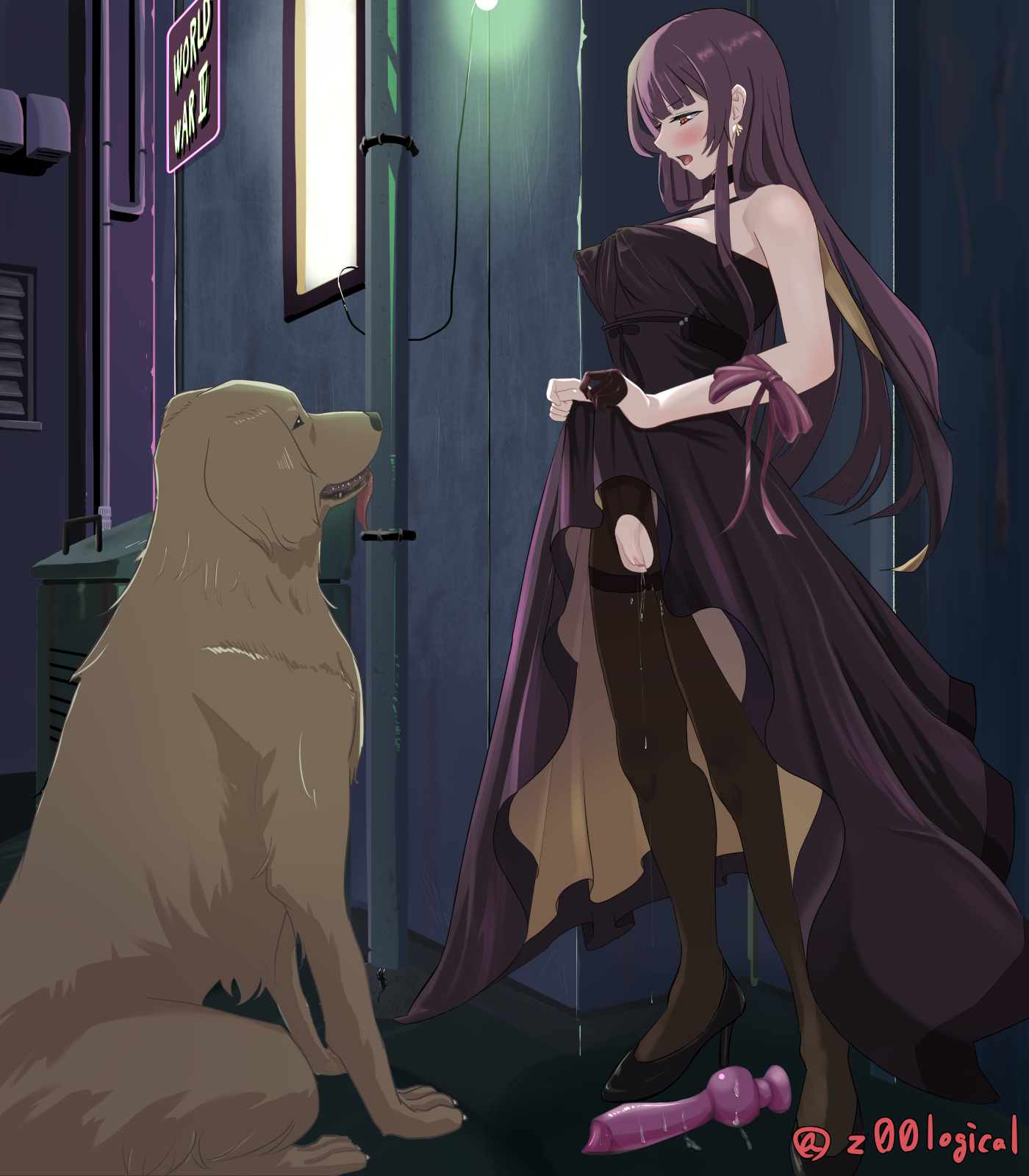1animal, 1boy, 1girls, 2d, a115899, animal dildo, blush, breasts, canine, canine dildo, canine on human, dildo, domestic dog, dress, female, female on feral, feral on female, feral on human, genital fluids, girls' frontline, human, human female, human on feral, imminent bestiality, imminent oral, imminent sex, interspecies, knot, long hair, male, pale skin, pale-skinned female, pantyhose, presenting, presenting pussy, pussy, ripped pantyhose, standing, wa2000 (girls' frontline), z00logical, zoophilia