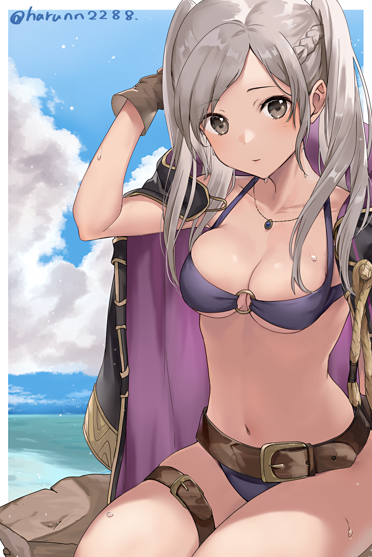 1girls, alternate costume, belt, belt buckle, bikini, blue sky, braid, breasts, brown belt, brown gloves, buckle, clavicle, closed mouth, cloud, coat, coat on shoulders, collarbone, day, eyebrows visible through hair, female, female only, fire emblem, fire emblem awakening, fire emblem heroes, french braid, gloves, grey eyes, grey hair, haru (nakajou-28), high resolution, highres, jewelry, long hair, looking at viewer, medium breasts, navel, necklace, nintendo, o-ring, o-ring bikini, ocean, official alternate costume, outdoors, purple bikini, purple swimsuit, robin (fire emblem), robin (fire emblem) (female), sitting, sky, solo, swimsuit, tied hair, twintails, twitter username, water, wet