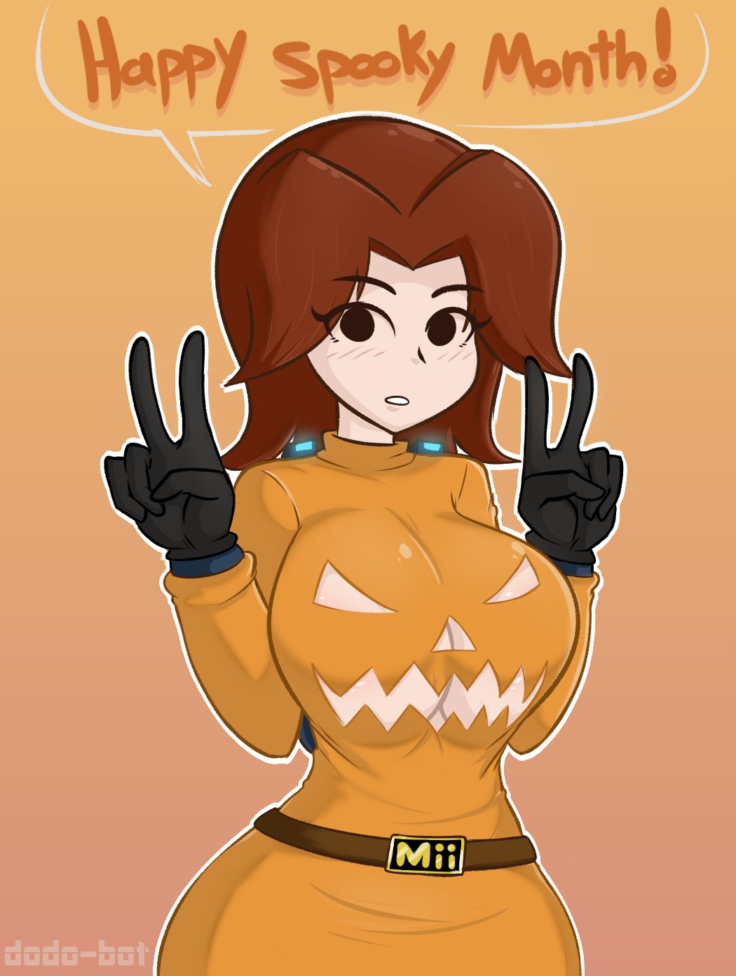 1girls, bimbo, breasts, brown hair, cleavage cutout, cleavage window, clothed, clothing, dodo-bot, double v, female, female only, fully clothed, gloves, halloween, human, light skin, light-skinned female, mii, mii gunner, mii gunner (smash 4), mob face, nintendo, solo, standing, super smash bros., super smash bros. for nintendo 3ds and wii u, thick thighs, v, wide hips