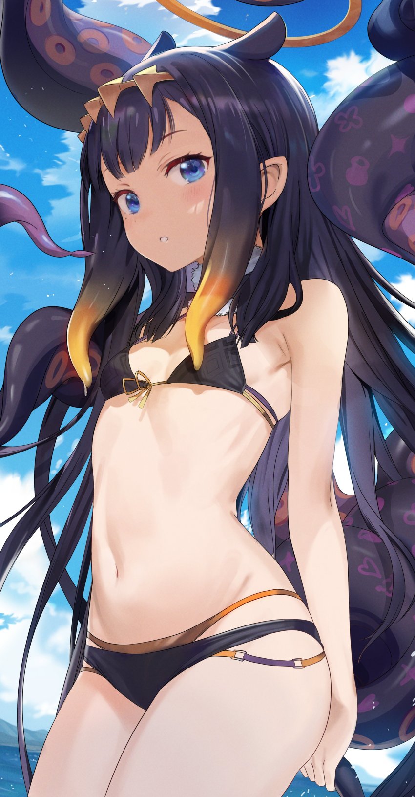 1girls armpits beach belly_button bikini blue_eyes blush blushing choker cloud clouds diadem female female_focus female_only flat_chest flat_chested halo hololive hololive_english hololive_myth light-skinned_female light_skin long_hair looking_at_viewer mole mole_under_eye multi-strapped_bikini multicolored_hair ninomae_ina'nis orange_hair pale-skinned_female pale_skin purple_bikini purple_hair purple_swimsuit purple_topwear seicoh skinny sky small_breasts swimsuit tentacle tentacles tiara very_long_hair virtual_youtuber