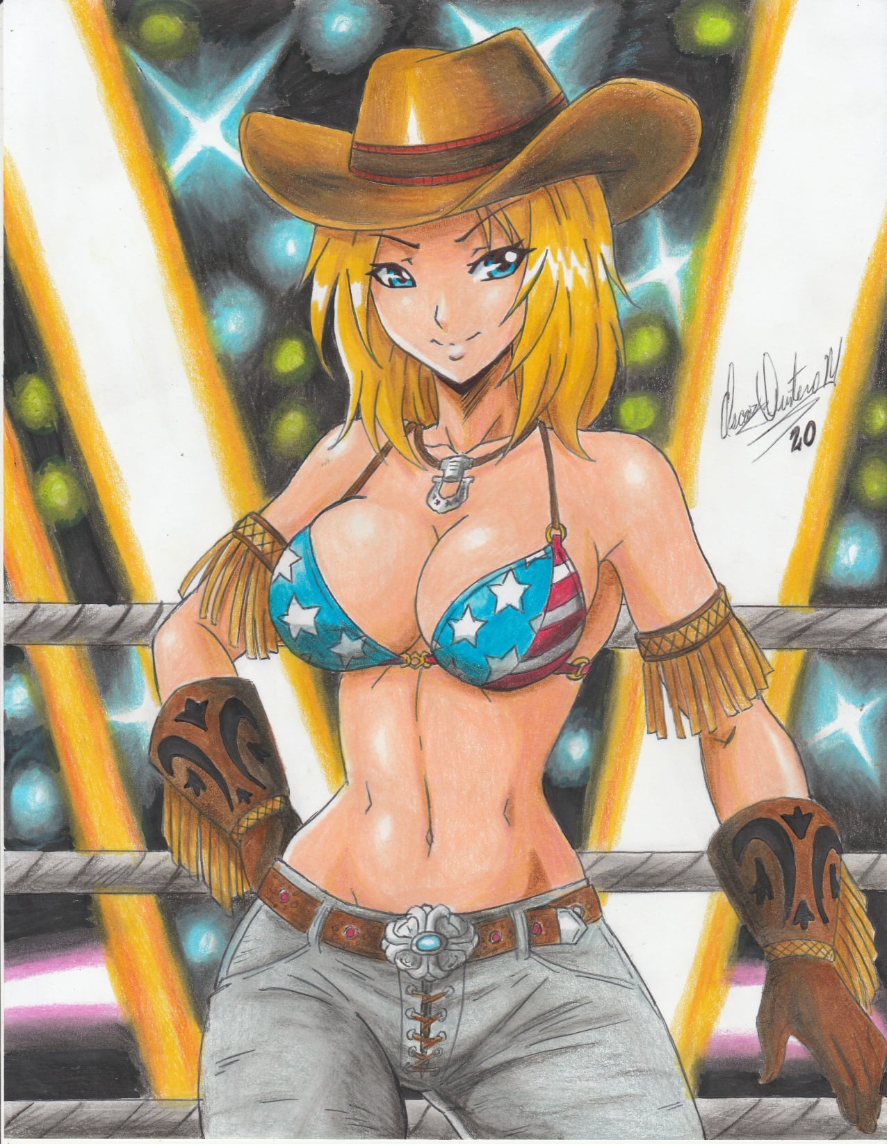 1girls 2020 american bare_midriff bare_shoulders big_breasts bikini_top blonde_hair blue_eyes bra breasts cleavage cowboy_boots cowboy_gloves cowboy_hat dead_or_alive female footwear handwear headwear human pale_skin pencil_(artwork) ravern_clouk solo solo_female tagme texan tina_armstrong