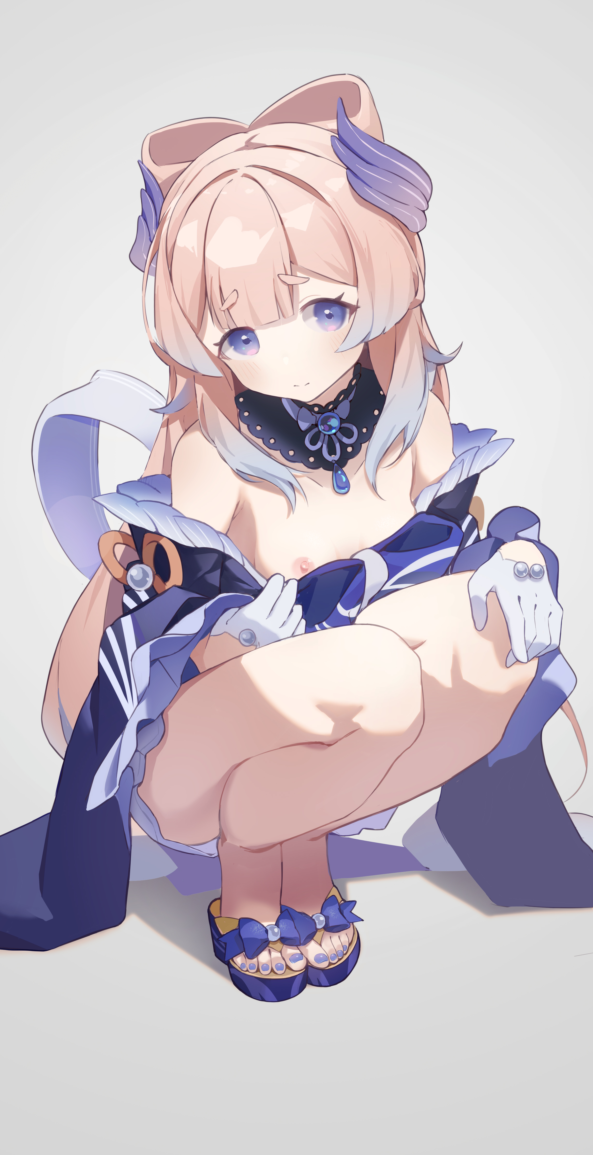 1girls, blue nails, bow on shoes, breasts, female, genshin impact, japanese clothes, nipples, pink hair, purple eyes, purple hair, sandals, sangonomiya kokomi, small breasts, solo, thighs, white gloves, 略略子