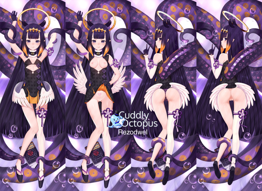 1girls angel_wings armwear bangs black_dress black_gloves blunt_bangs blunt_ends book bottomless breasts choker cleft_of_venus closed_mouth dakimakura_(medium) dress eyelashes female female_focus female_only flat_chest flat_chested fur-trimmed_choker gloves halo hand_on_tentacle high_heels hololive hololive_english hololive_myth long_hair looking_at_viewer low_wings mole mole_under_eye multicolored_hair multiple_views ninomae_ina'nis orange_hair panties peace_sign pointy_ears purple_eyes purple_hair purple_panties pussy rezodwel sidelocks single_thighhigh small_breasts smile tassel tattoo_on_belly tentacle tentacles_on_legs thighhighs tsurime uncensored very_long_hair virtual_youtuber watermark white_legwear wings