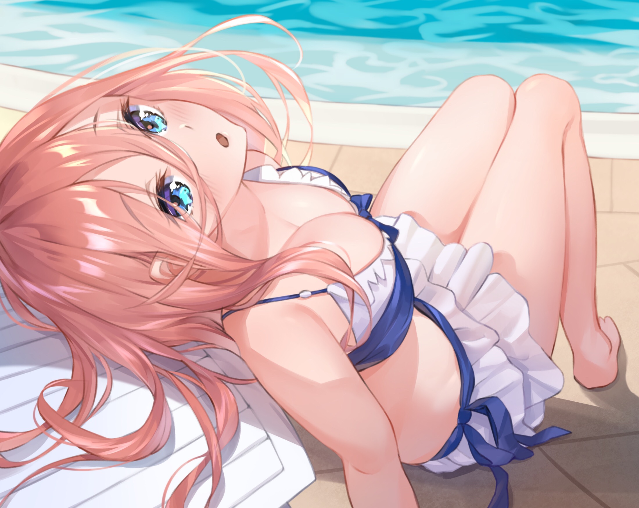 :o, bangs, bare legs, bare shoulders, barefoot, bikini, bikini skirt, blue eyes, blue ribbon, blush, breasts, brown hair, chair, clavicle, cleavage, day, eyebrows visible through hair, eyes visible through hair, feet, feet apart, female, frilled bikini, frilled swimsuit, frills, from behind, front-tie top, full body, go-toubun no hanayome, high resolution, knees together, knees together feet apart, knees up, large breasts, leaning, legs, long hair, looking at viewer, looking back, lying, nakano miku, open mouth, outdoors, outstretched arm, pink hair, pixiv id 36534524, pleated skirt, pool, poolside, reclining, red hair, ribbon, sitting, skirt, solo, string bikini, summer, swimsuit, tagme, to gemichi, tougemichi, water