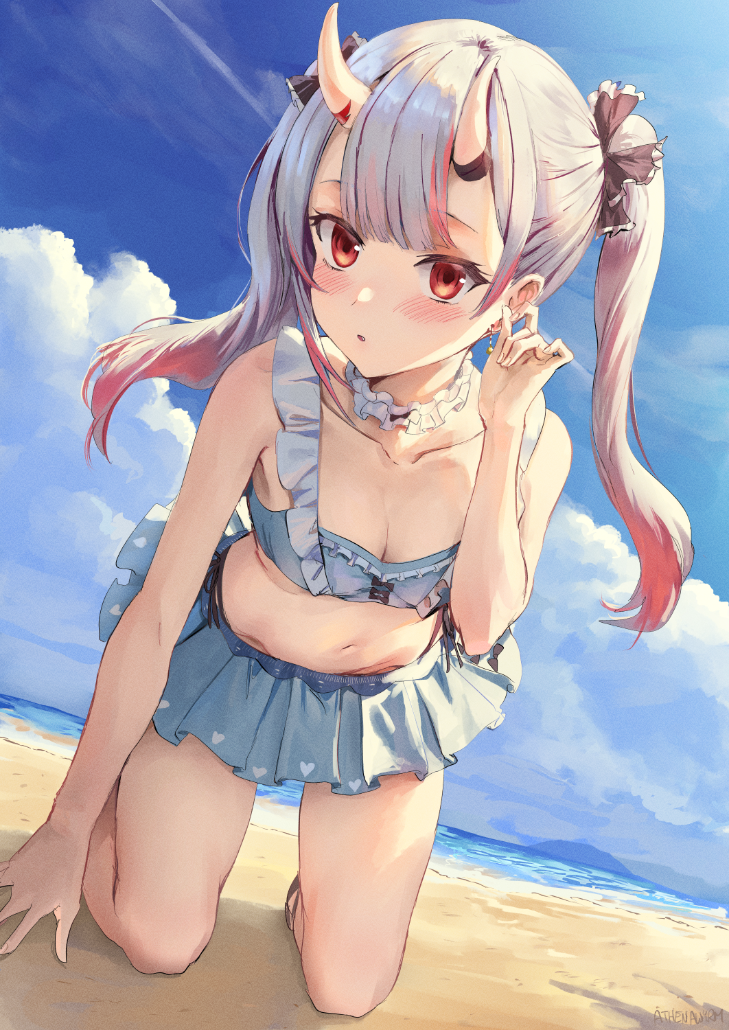 athenawyrm ayame_ch. beach breasts cleavage cloud female hair_between_eyes hair_ornament hair_ribbon high_resolution hololive hololive_gen_2 hololive_japan horns kneeling long_hair looking_at_viewer multicolored_hair nakiri_ayame oni oni_horns red_eyes ribbon sand silver_hair sky small_breasts solo swimsuit tagme tied_hair twintails virtual_youtuber white_hair