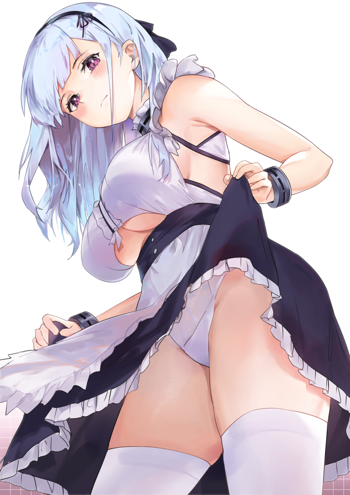 anthropomorphization, apron, azur lane, bangs, bare shoulders, bk201, black hair ornament, black hairband, black skirt, blue hair, blush, bracelet, breasts, center frills, closed mouth, clothes pull, clothing, clothing cutout, dido (azur lane), dress, female, frilled dress, frills, hairband, high resolution, jewelry, large breasts, lifted by self, lingerie, long hair, looking at viewer, looking down, maid, pantsu, purple eyes, shirt, silver hair, simple background, skirt, skirt lift, skirt pull, sleeveless, sleeveless shirt, smile, solo, tagme, thighhighs, thighs, underboob, underboob cutout, underwear, upskirt, viewed from below, waist apron, white background, white legwear, white panties, white shirt, white underwear