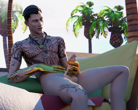 1boy 3d balls beach black_hair dilf fortnite fortnite:_battle_royale gold_eyes jacking_off looking_at_own_penis male_focus male_only martistot masturbation midas_(fortnite) midsummer_midas missing_eye mouth_open necklace nude nude_male pale_skin palm_tree pillow scar sitting solo source_request tagme tattoos tropical