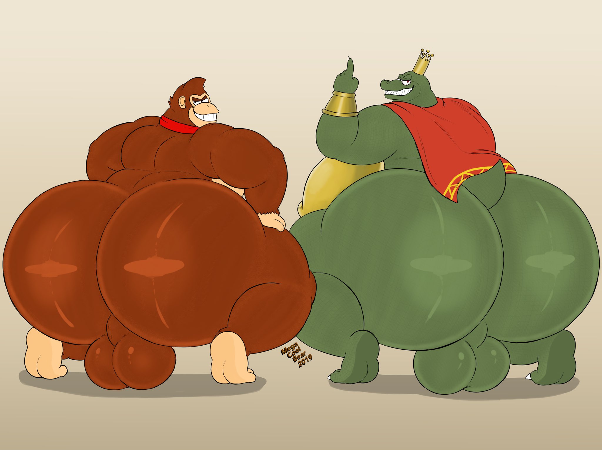 anthro, ape, ass, backsack, balls, ballsack, belly, big ass, big balls, big belly, big butt, bracelet, brown body, brown fur, bubble ass, bubble butt, crocodile, crocodilian, crocodylid, crown, donkey kong, donkey kong (series), duo, fur, gay, genitals, green body, haplorhine, hi res, huge ass, huge balls, huge butt, hyper, hyper ass, hyper butt, jewelry, k rool, kremling, looking back, male, male focus, male only, mammal, megacoolbear (artist), nintendo, overweight, overweight anthro, overweight male, perineum, primate, rear view, red cape, reptile, scalie, teeth, video games