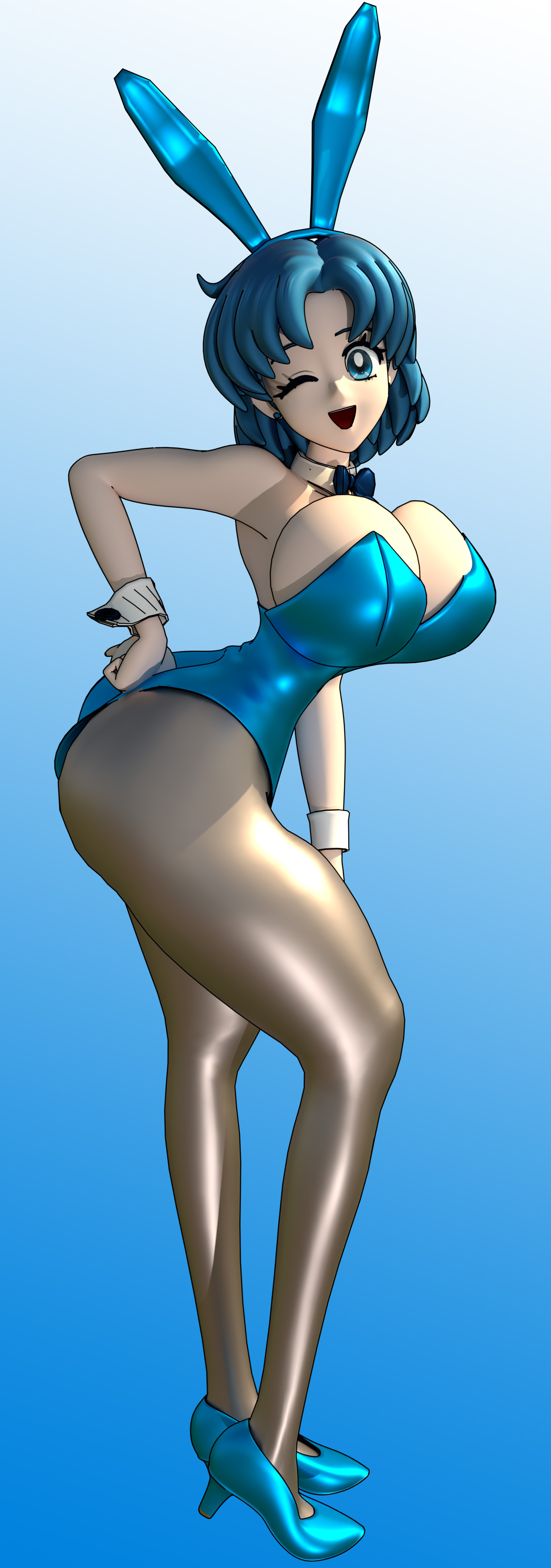 3d, alternate breast size, ami mizuno, ass, big ass, big breasts, big butt, bishoujo senshi sailor moon, blender, blue hair, breasts, bunny ears, bunny girl, bunnysuit, clothing, female, female only, high heels, huge breasts, large breasts, light skin, light-skinned female, sailor mercury, shocking (artist), smiling, tagme