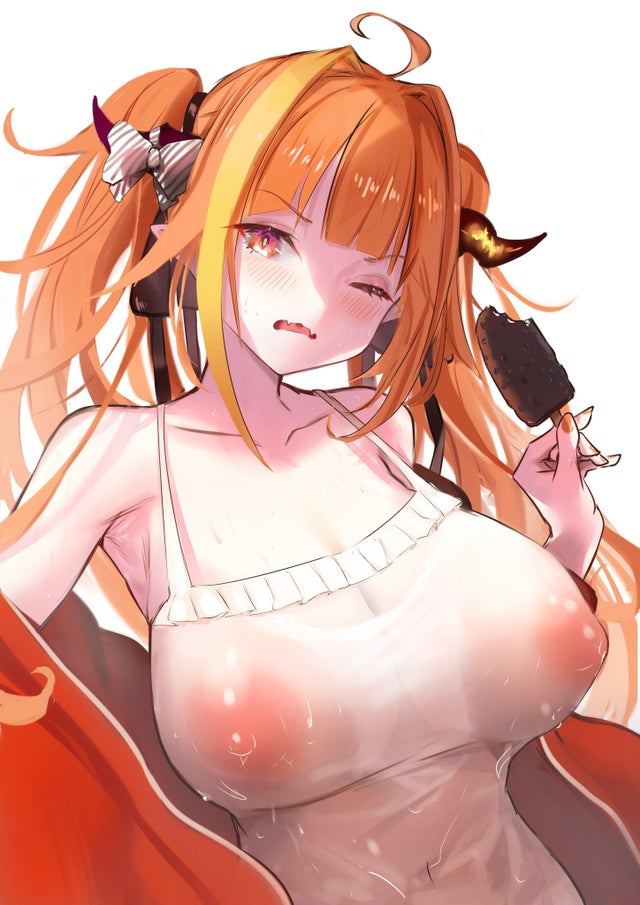 blush brain_freeze holoforce hololive hololive_japan horns kiryu_coco long_hair nipples_visible_through_clothing orange_hair popcicle virtual_youtuber wet_clothes