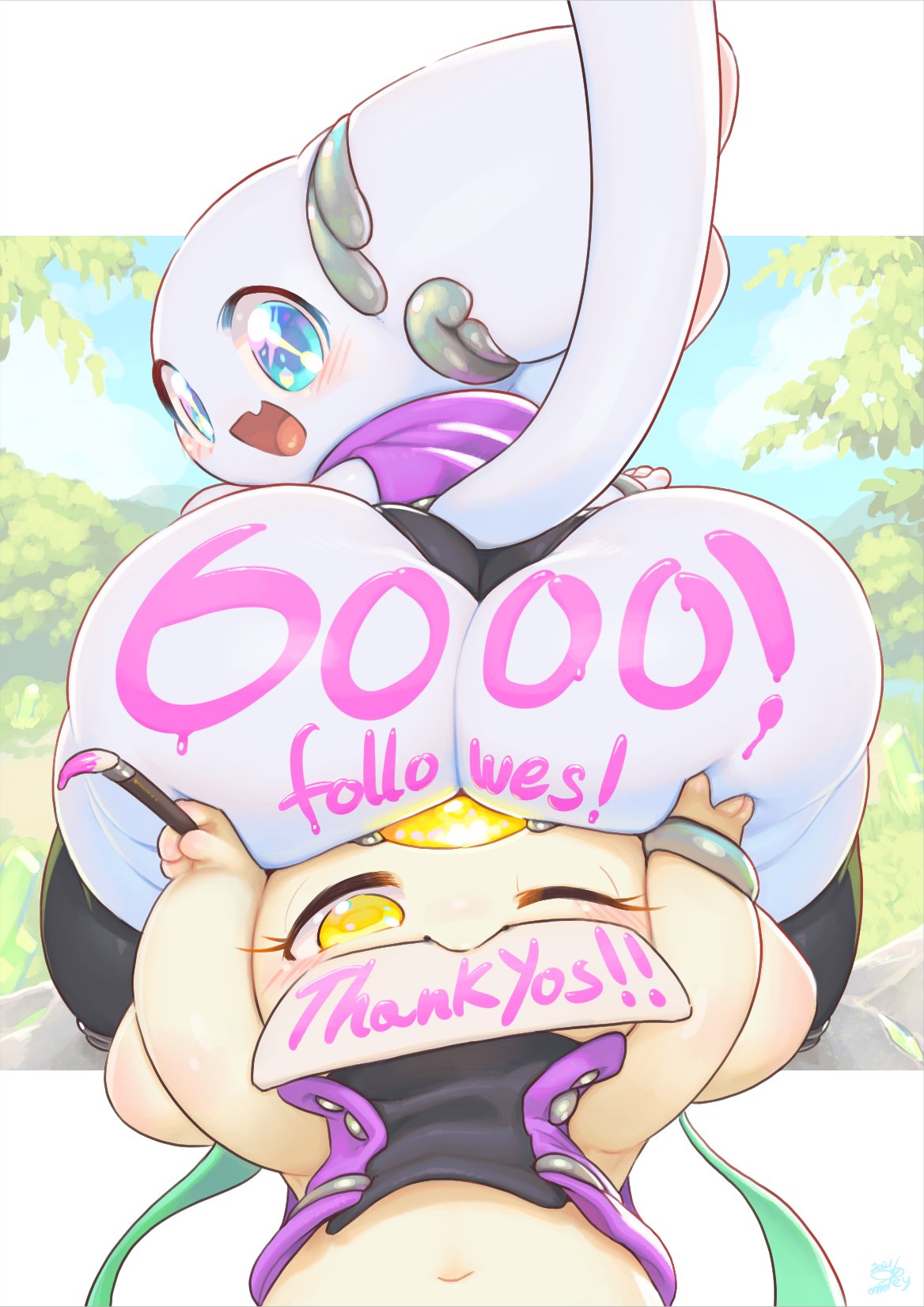 alien ass ass_dough big_ass big_butt blue_eyes blush cute cute_face deep_skin fat_ass fat_butt huge_ass huge_butt keyhat_tk10 looking_at_viewer looking_back milestone_celebration paint painted_ass painted_butt pink_paint tail thank_you tiril tiril_(keyhat_tk10) white_body white_skin