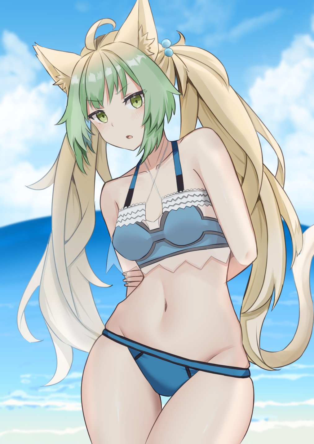 1girls atalanta_(fate) beach bikini blonde_hair breasts catgirl fate/apocrypha fate/grand_order fate_(series) green_hair long_hair small_breasts swimsuit tagme tied_hair twintails two-tone_hair yuzu_kiro