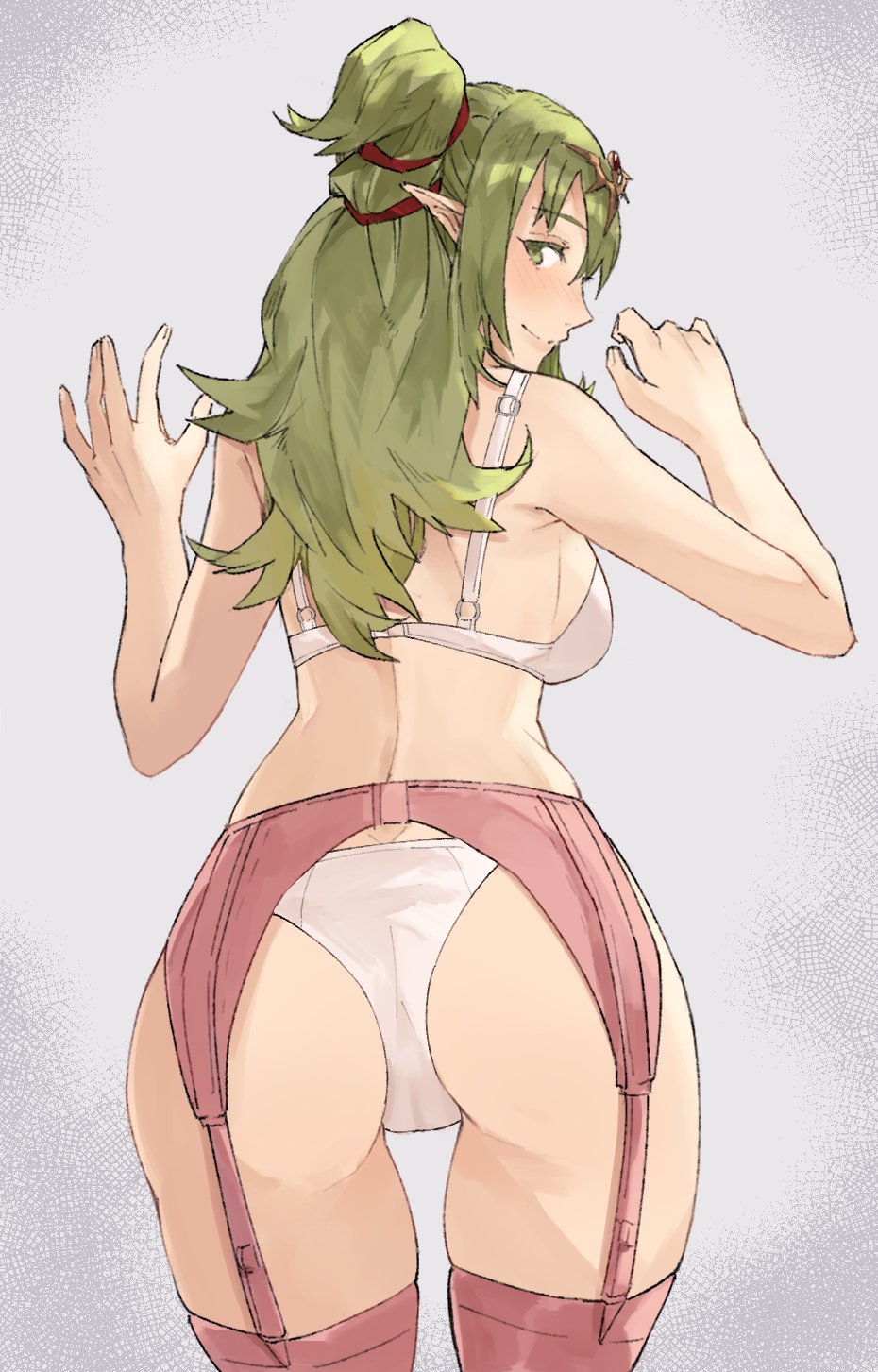 1girls ass ass_focus ass_out back back_view bare_arms bare_midriff bare_shoulders bare_thighs big_ass blush blushing bra child_bearing_hips female female_focus female_only fire_emblem fire_emblem_awakening garter_belt green_eyes green_hair highres hips human human_focus human_only large_ass legwear light-skinned_female light_skin long_hair looking_back medium_breasts nintendo panties partially_visible_vulva pink_legwear pink_thighhighs pointed_ears pointy_ears ponytail pose posing presenting presenting_ass presenting_butt presenting_hindquarters sakuremi seductive seductive_eyes seductive_gaze seductive_look seductive_pose seductive_smile sideboob smile smiling solo solo_female solo_focus tease teasing thick thick_ass thick_hips thick_thighs thighhighs thighs tiki_(adult)_(fire_emblem) tiki_(fire_emblem) underwear underwear_only white_bra white_panties white_underwear wide_hips