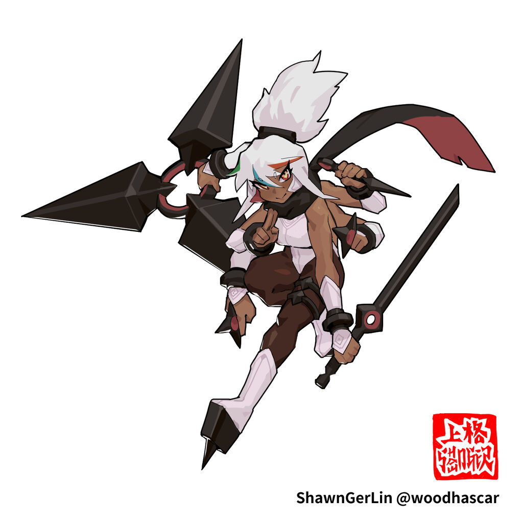 dark-skinned_female dice_clan multi_arm multi_limb ninja oc red_eyes rika_dimensional_ninja scarf shawnger shuriken unusual_pupils watermark weapon white_hair