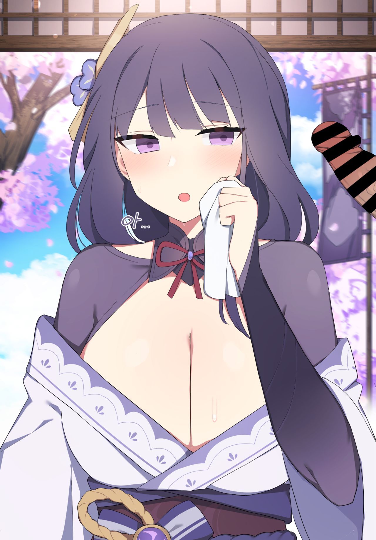 blunt_bangs blush braid bridal_gauntlets dark-skinned_male dark_skin genshin_impact huge_breasts imminent_sex large_breasts mole mole_under_eye penis poyeop purple_eyes purple_hair raiden_shogun