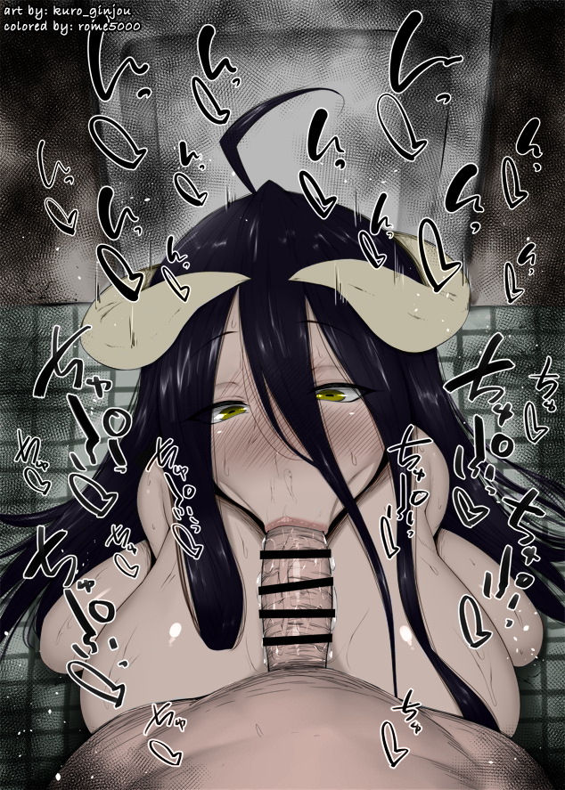 :>=, 1boy, 1girls, albedo (overlord), bangs, bar censor, blush, breasts, censored, colored, detailed background, eyebrows visible through hair, fellatio, female, from above, hair between eyes, heart, horns, indoors, japanese text, kurotama, large breasts, light skin, light-skinned female, light-skinned male, long hair, looking at penis, male, nose bubble, oral, overlord (maruyama), penis, pointless censoring, pov, sidelocks, sketch, solo focus, sound effects, squatting, straight, text, tile floor, tiles, toilet