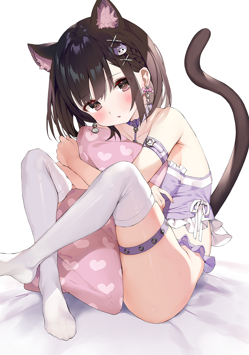 animal_ear_fluff animal_ears bangs bare_shoulders black_hair blush brown_eyes cat_girl cat_tail clothing ear_piercing earrings extra_ears eyebrows_visible_through_hair female gaou gaou_(umaiyo_puyoman) hair_ornament heart high_resolution jewelry legwear looking_at_viewer matsui_hiroaki matui-hiroaki mismatched_legwear nekomimi no_shoes open_mouth original pantsu parted_lips piercing pillow pillow_hug solo tagme tail thighhighs underwear white_legwear