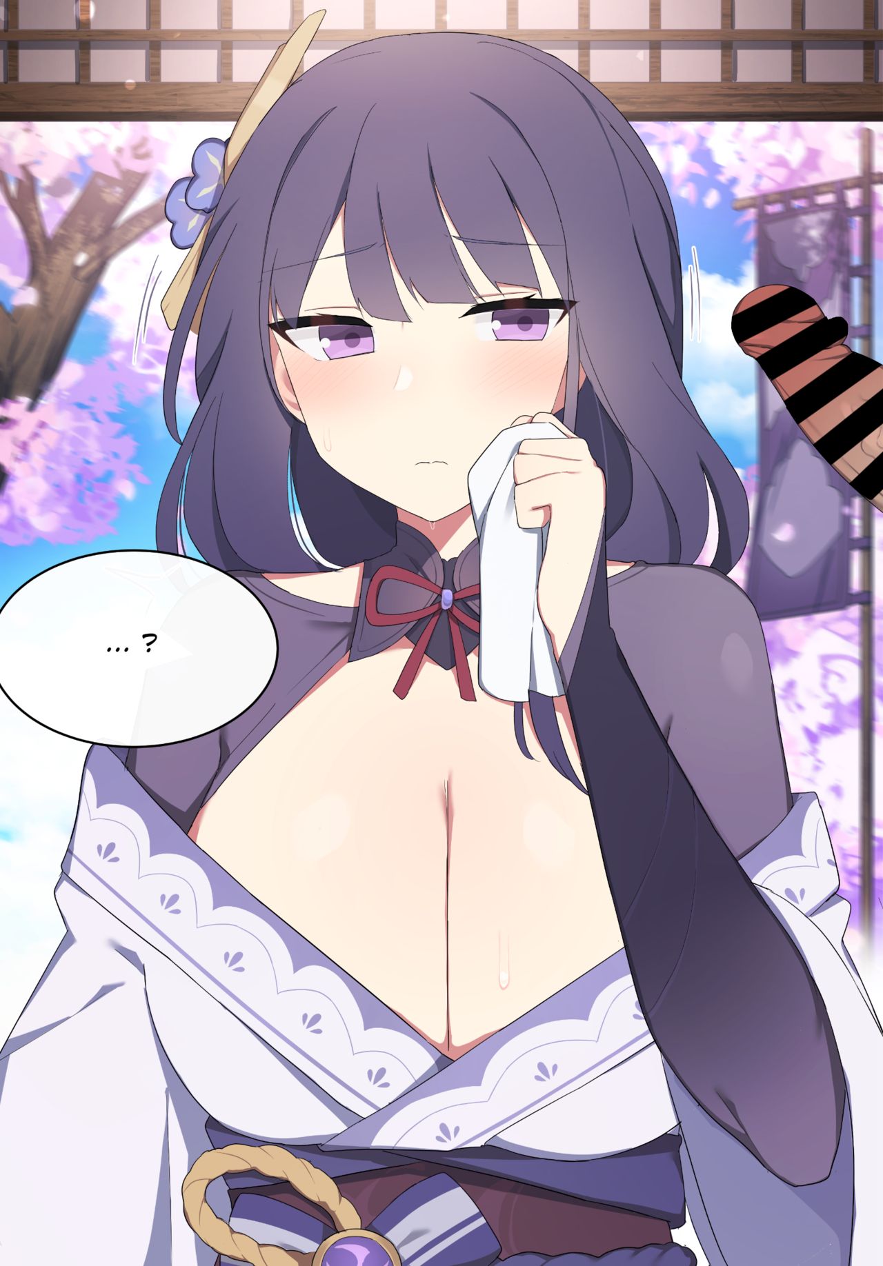 blunt_bangs blush braid bridal_gauntlets dark-skinned_male dark_skin genshin_impact huge_breasts large_breasts mole mole_under_eye penis poyeop purple_eyes purple_hair raiden_shogun