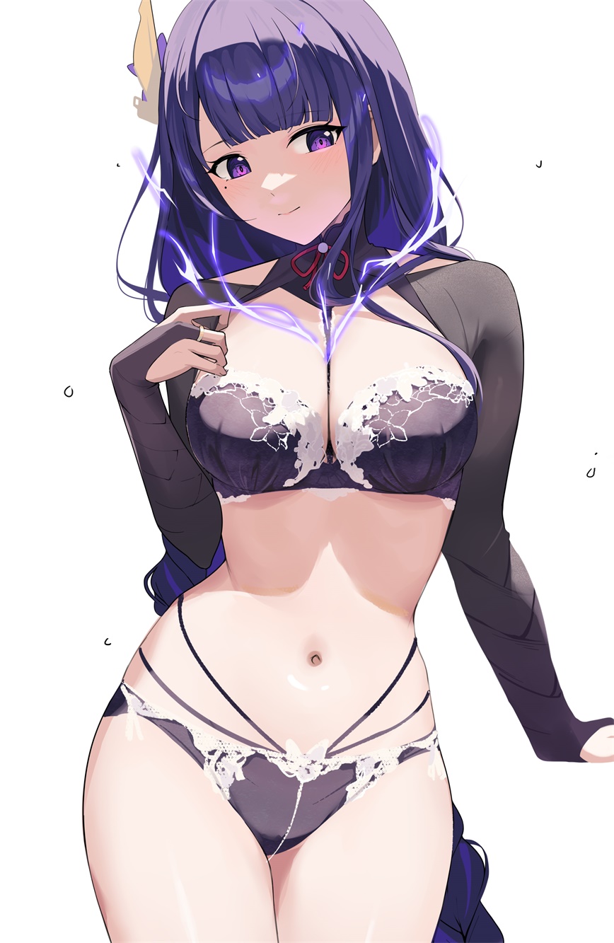 bangs, black bra, black panties, blunt bangs, bra, braid, breasts, bridal gauntlets, cleavage, cowboy shot, electricity, eyebrows visible through hair, female, genshin impact, gin00, hair ornament, hand on own chest, highres, large breasts, long hair, looking at viewer, mole, mole under eye, navel, panties, purple eyes, purple hair, raiden shogun, red ribbon, ribbon, single braid, smile, solo, stomach, underwear, very long hair