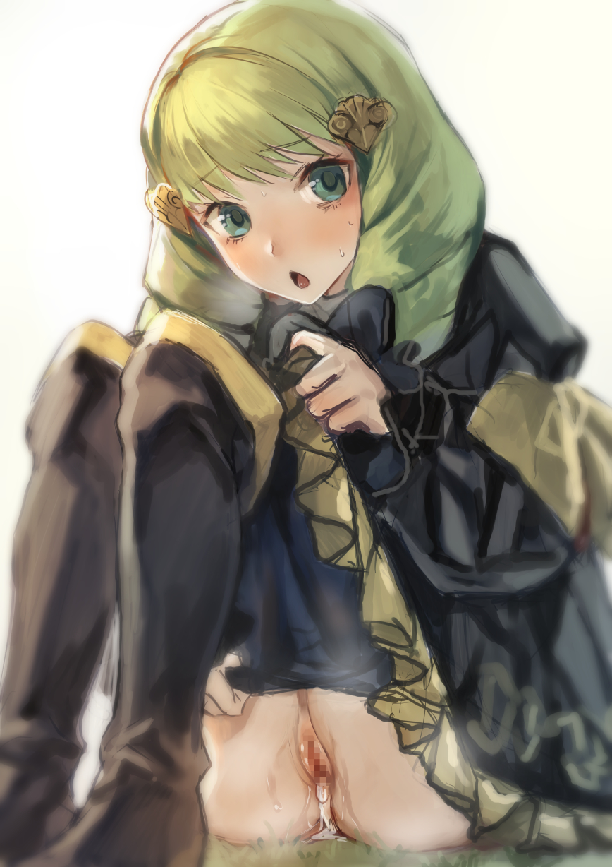 after_sex bangs black_dress black_footwear blue_legwear blurry blush boots bow breath censored clothes_pull commentary_request cum cum_in_pussy cumdrip depth_of_field dress drill_hair echigoya_takeru eyebrows_visible_through_hair female female fire_emblem fire_emblem:_three_houses flayn_(fire_emblem) frilled_dress frilled_sleeves frills garreg_mach_monastery_uniform grass green_eyes green_hair hair_ornament hairclip hand_up higher_resolution_duplicate highres juliet_sleeves knee_boots knees_up legs_together lifted_by_self long_hair long_sleeves looking_at_viewer mosaic_censoring nabatean_(fire_emblem) nintendo no_panties nose_blush on_ground open_mouth pantyhose pantyhose_pull puffy_sleeves pulled_by_self pussy pussy_juice shiny shiny_hair simple_background sitting sketch solo steam steaming_body sweat twin_drills uniform upskirt white_background yellow_bow