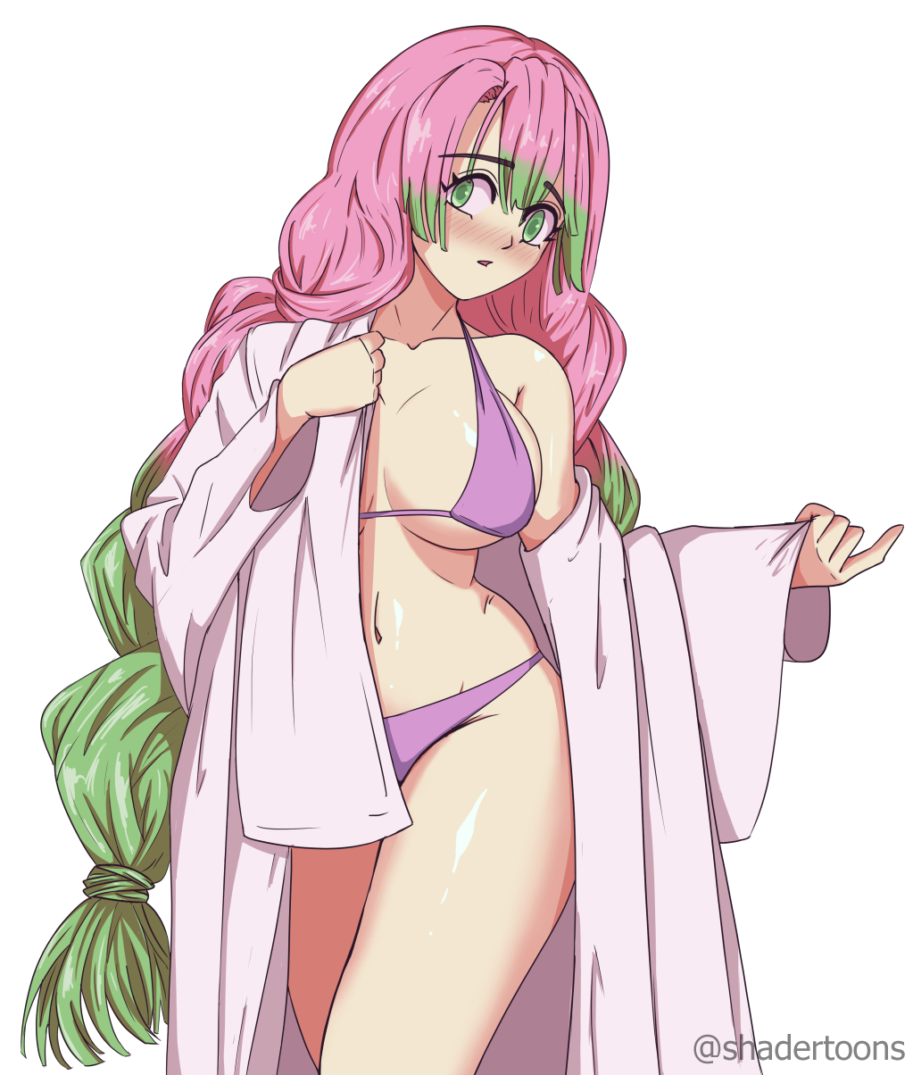 big_breasts bikini blush braided_hair demon_slayer female female_only green_eyes hourglass_figure kanroji_mitsuri kimetsu_no_yaiba long_hair looking_at_viewer pink_hair purple_bikini shadertoons solo swimsuit two_tone_hair undressing