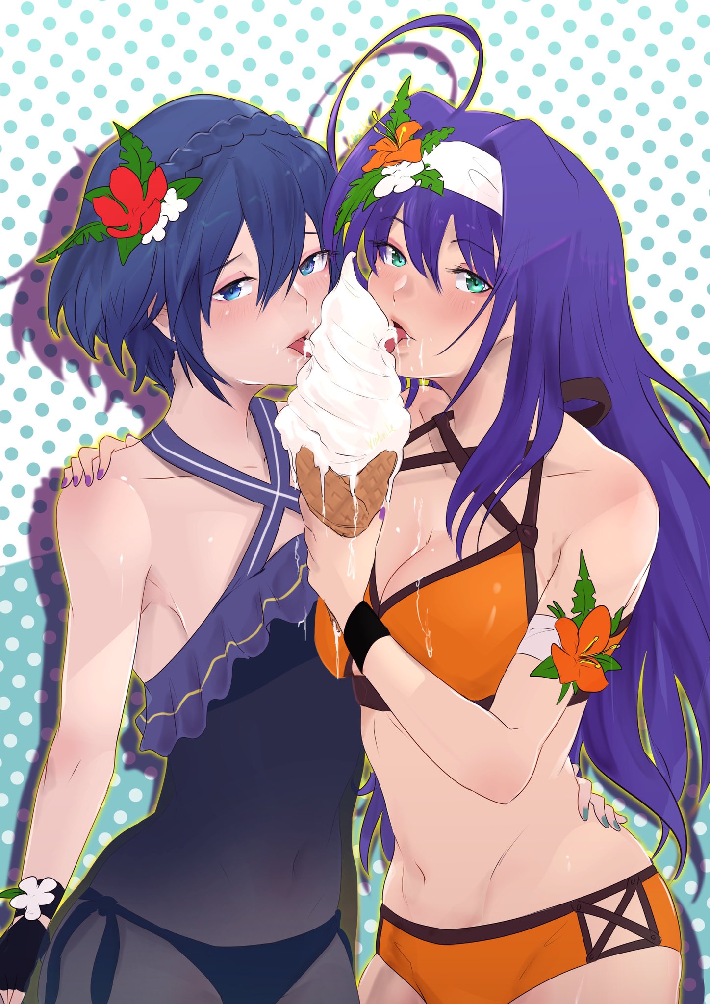 2girls, ahoge, alternate costume, alternate hairstyle, aqua eyes, armband, bangs, bikini, bikini bottom, blue bikini, blue eyes, blue hair, blue swimsuit, breasts, cleavage, collarbone, cowboy shot, dripping, eyebrows visible through hair, female, fingerless gloves, fire emblem, fire emblem awakening, fire emblem: path of radiance, flat chest, flower, food, food play, gloves, green nails, hair flower, hair ornament, hairband, halterneck, headband, highres, holding, ice cream, ice cream cone, large breasts, licking, long hair, looking at viewer, lucina (fire emblem), marth (fire emblem awakening), messy, mia (fire emblem), multiple females, multiple girls, nail polish, naughty face, navel, nintendo, official alternate costume, open mouth, orange bikini, orange swimsuit, panties, polka dot, polka dot background, purple hair, purple nails, see-through, shadow, shiny, shiny hair, short hair, side-tie panties, sideboob, suggestive, suggestive fluid, swimsuit, symbol-shaped pupils, teamwork, tongue, tongue out, underwear, vialnite, white hairband, white headband