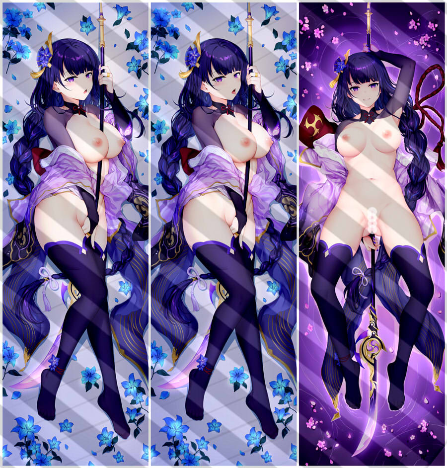 1girls, barely clothed, beauty mark, blush, breasts, censored pussy, dakimakura, female, fingering, genshin impact, large breasts, mole, mole under eye, naked, nipples, purple eyes, purple hair, pussy, raiden shogun, shrimp catcher, thick thighs, thighhighs, thighs, tongue, tongue out