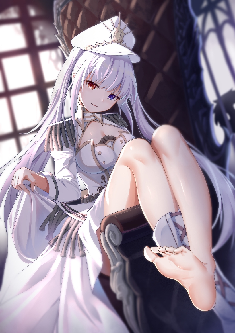 barefoot chiya1589505970 clock_eyes date_a_live feet foot_fetish foot_focus heterochromia large_breasts looking_at_viewer military_hat military_uniform toes very_long_hair white_hair white_queen_(date_a_live)