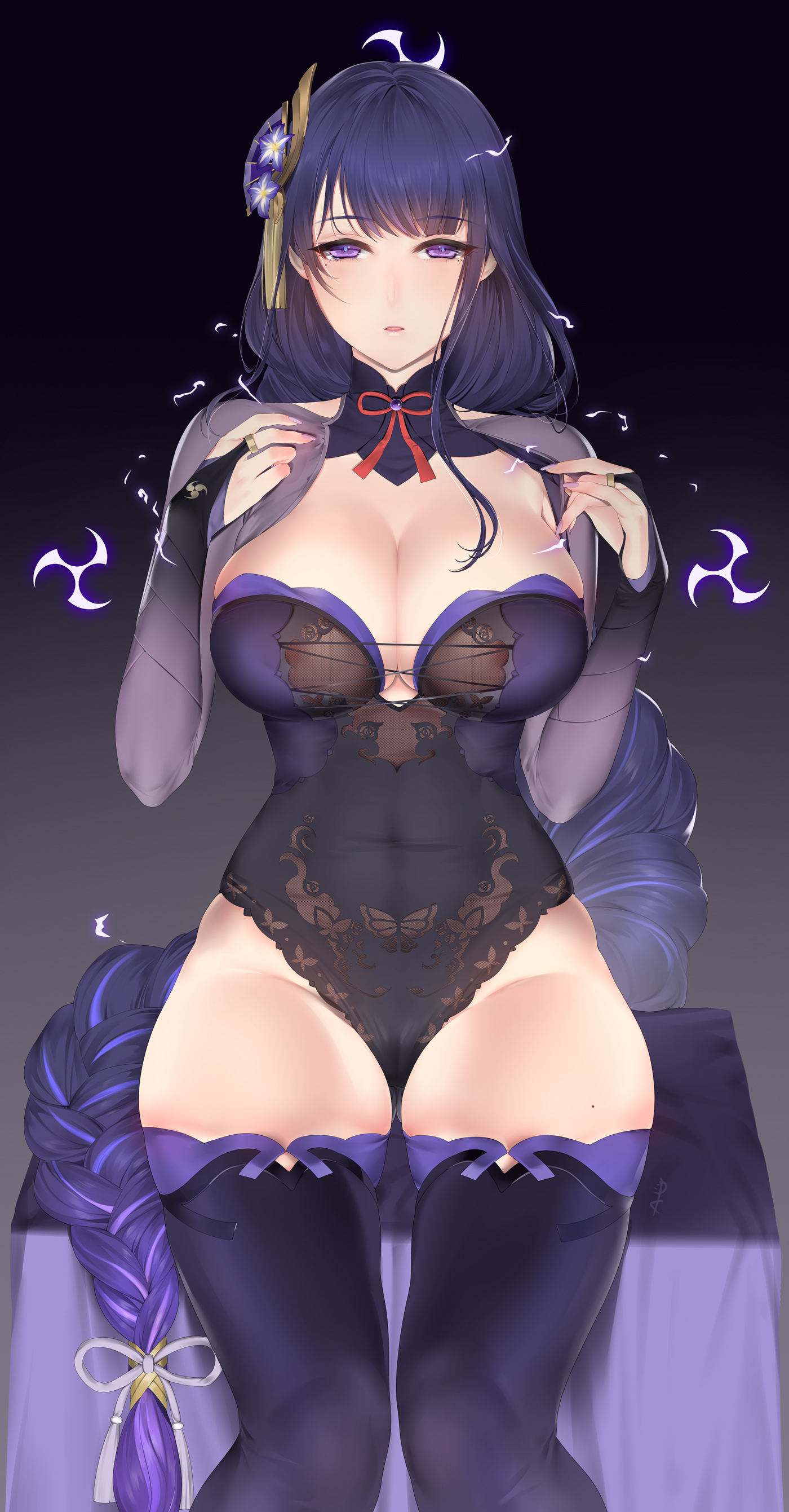 absurdres, areola slip, areolae, au11, bangs, blush, braid, breasts, bridal gauntlets, cleavage, commentary request, covered nipples, electricity, eyebrows visible through hair, female, flower, genshin impact, gradient, gradient background, hair ornament, highres, lace trim, large breasts, leotard, long hair, looking at viewer, mole, mole under eye, open mouth, parted lips, purple eyes, purple flower, purple hair, purple legwear, purple nails, raiden shogun, ribbon, shrug (clothing), simple background, sitting, solo, strapless, strapless leotard, tassel, thighhighs