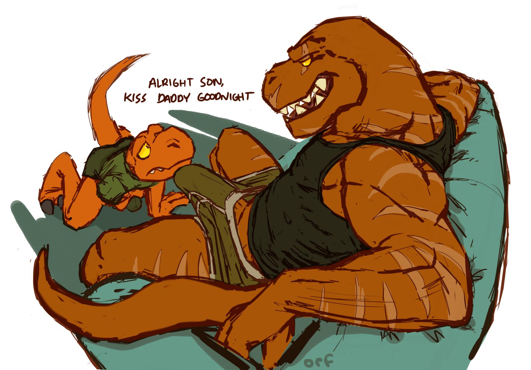 age difference, anthro, bulge, dinosaur, erection, erection under clothes, father and son, furry, furry only, incest, male, male only, older male, orf, penis, penis outline, scalie, underwear, yaoi, young, younger male