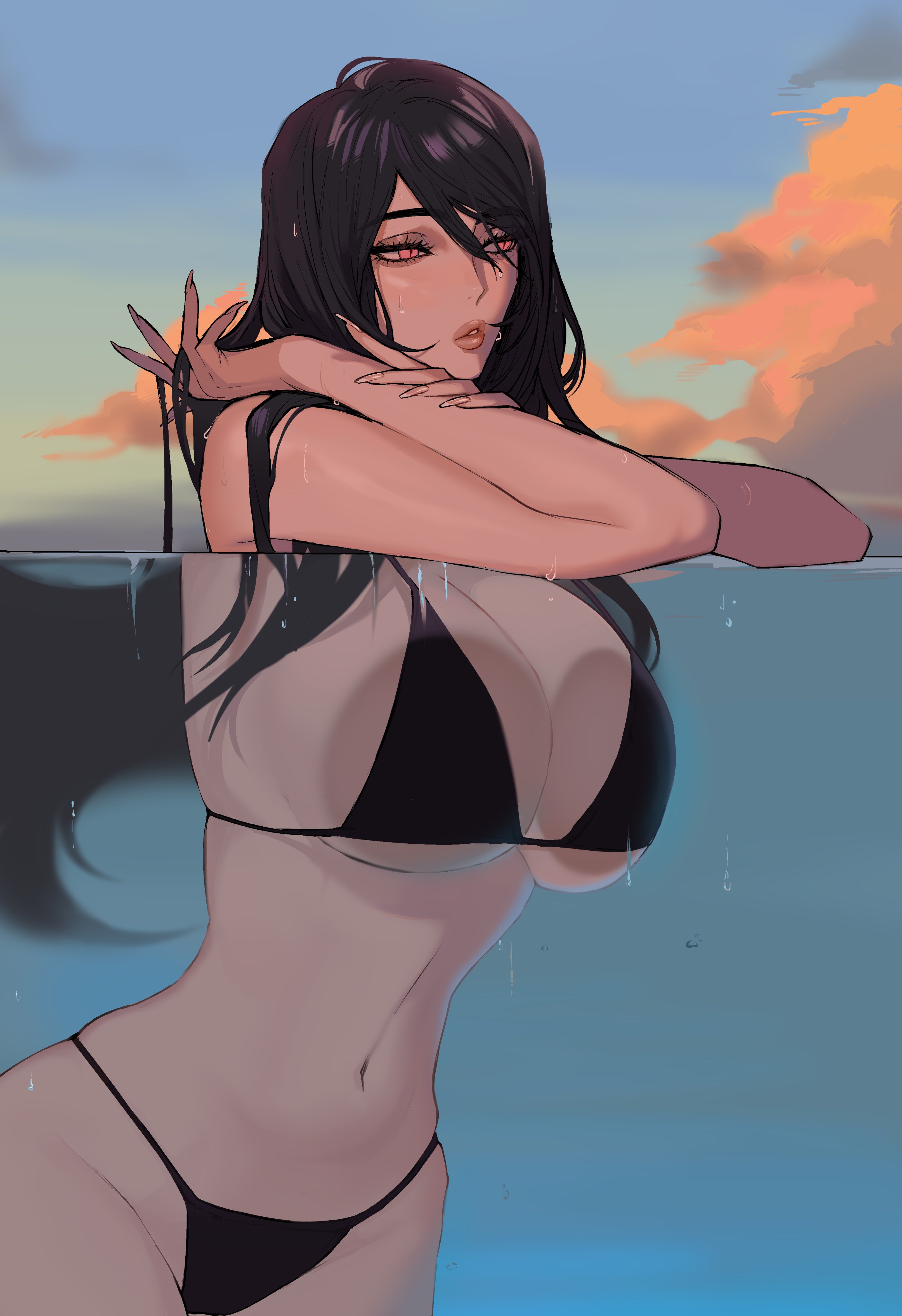 1girls, absurd res, bikini, black hair, dusk, ennuigrl, erato (ennuigrl), female, female only, in water, long hair, narrowed eyes, red eyes, sea, slit pupils, solo, solo female