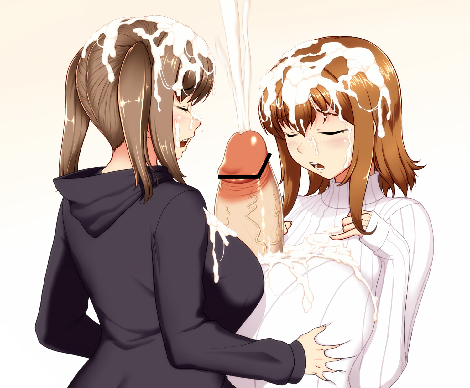 1futa, 1girls, balls, bar censor, between breasts, big breasts, blue eyes, breast grab, breast squeeze, breasts, brown hair, censor bar, censored, close-up, clothed, clothing, erection, female, futa on female, futanari, huge breasts, huge cock, huge penis, human, hyper breasts, hyper penis, intersex, kinoko, light skin, light-skinned female, light-skinned futa, mostly clothed, paizuri, pale skin, penis, sequence, short hair, simple background, sweater, testicles, veiny balls, veiny penis, veiny testicles, white background